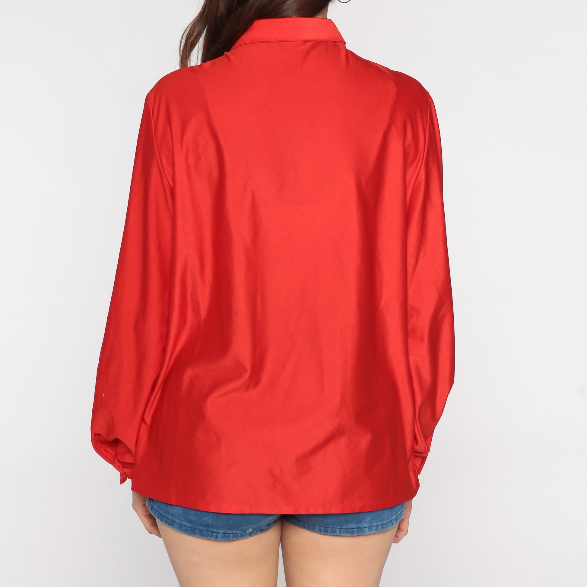 80s Red Shiny Button-Up Blouse Long Sleeve Collared Shirt Medium Large