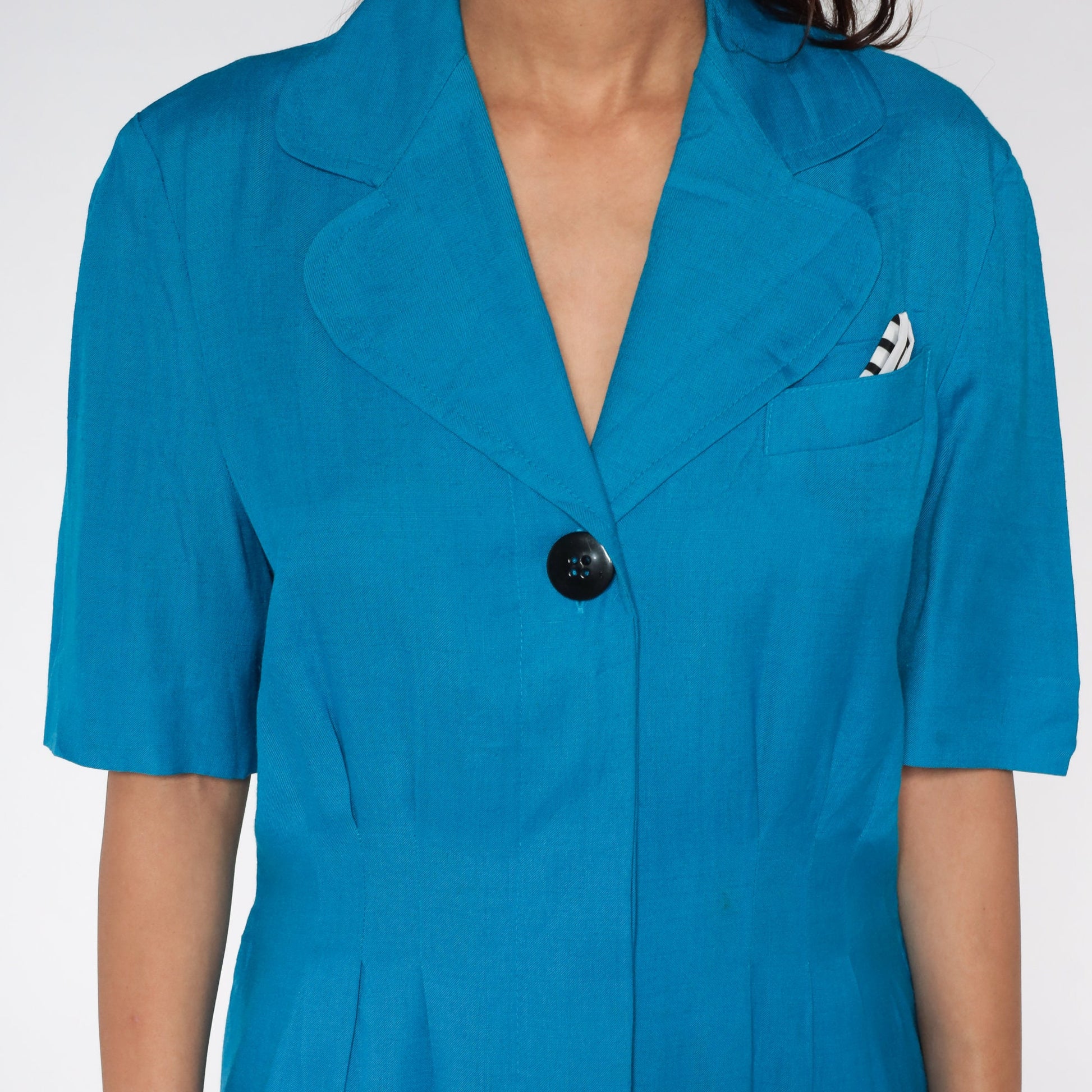 80s Liz Claiborne Blue Linen Midi Dress High Waist Notched Collar Medium