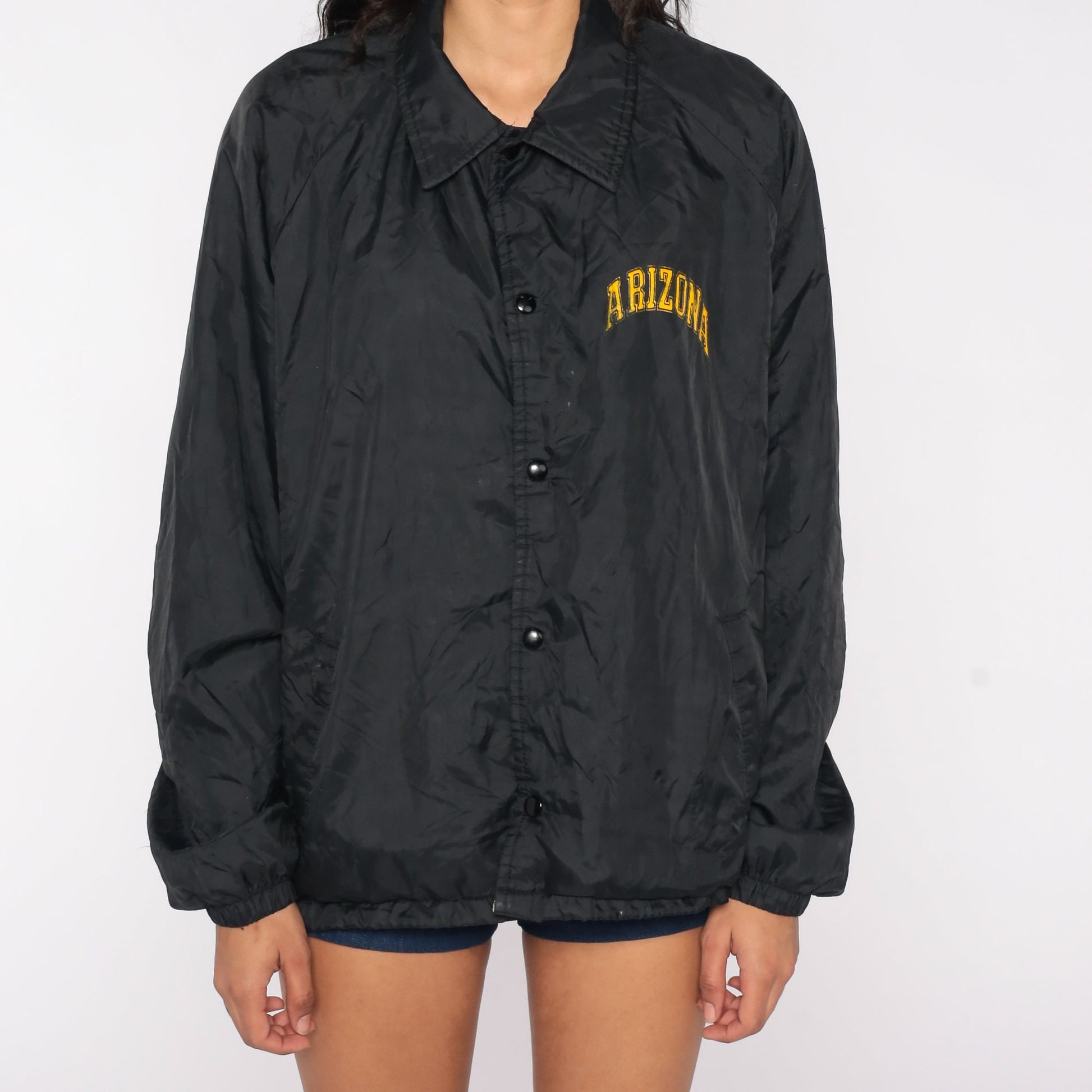 80s Chalk Line Arizona Windbreaker Jacket Black Nylon Snap Closure Large L
