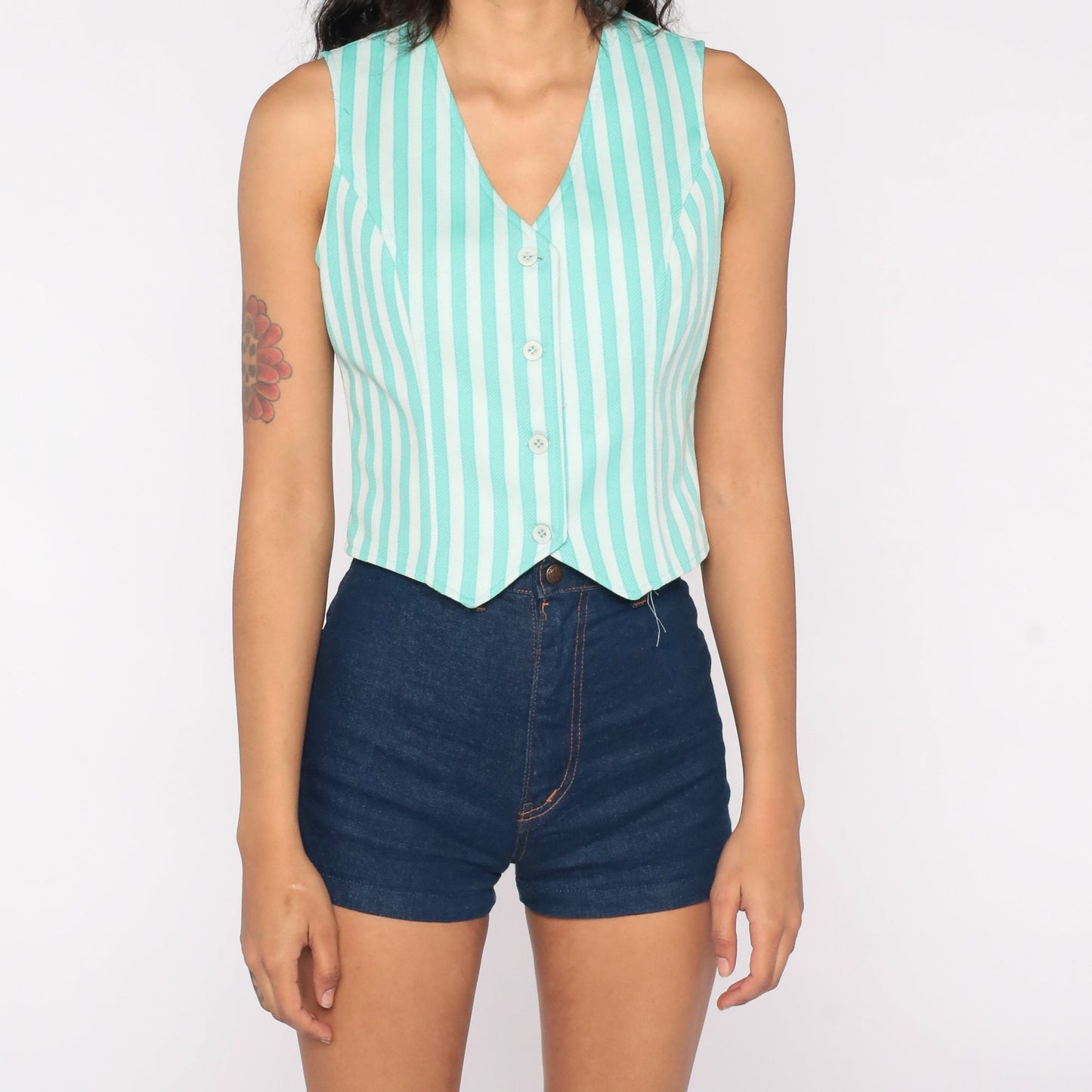 70s Green Striped Vest Button-Up Tank Small