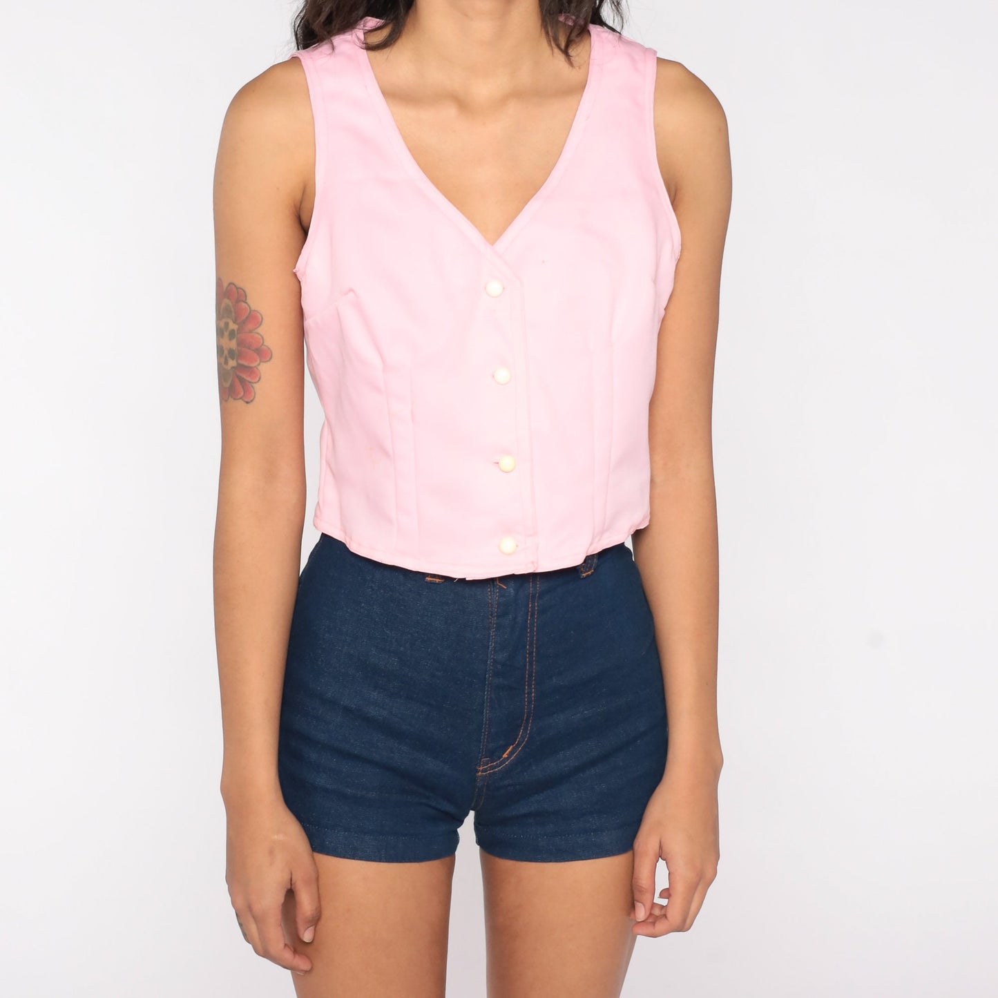 70s Baby Pink Button-Up Tank Top Sleeveless Blouse Small Medium