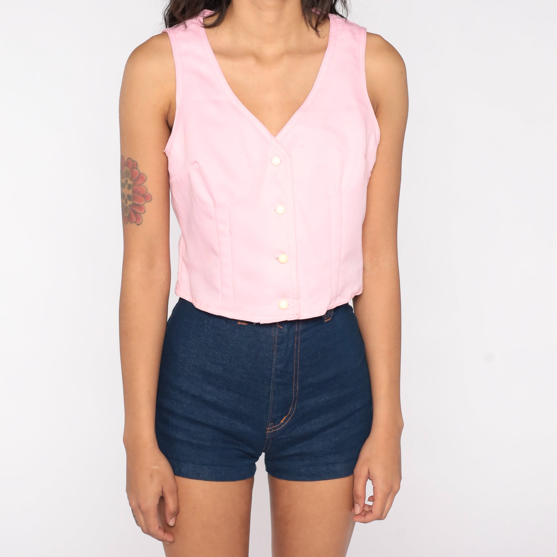 70s Baby Pink Button-Up Tank Top Sleeveless Blouse Small Medium