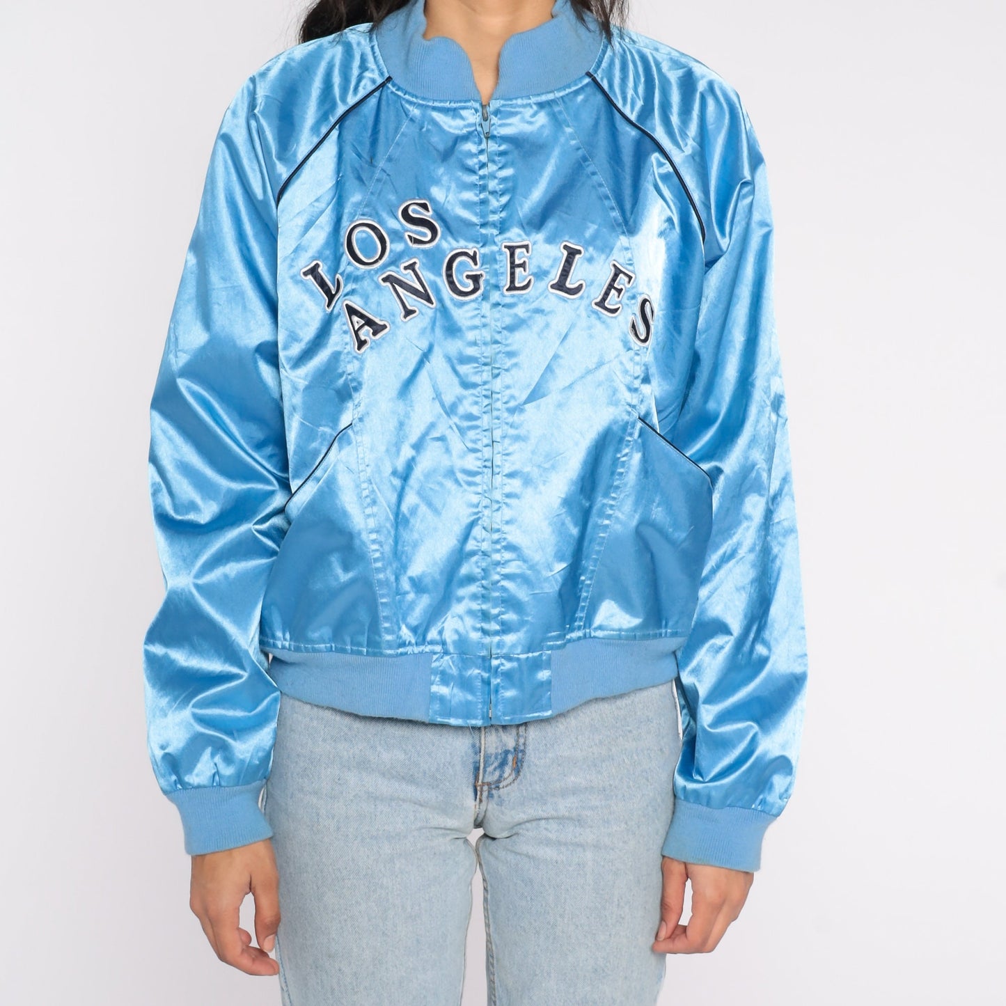 Y2K Los Angeles Baby Blue Satin Bomber Jacket Zip-Up Small S