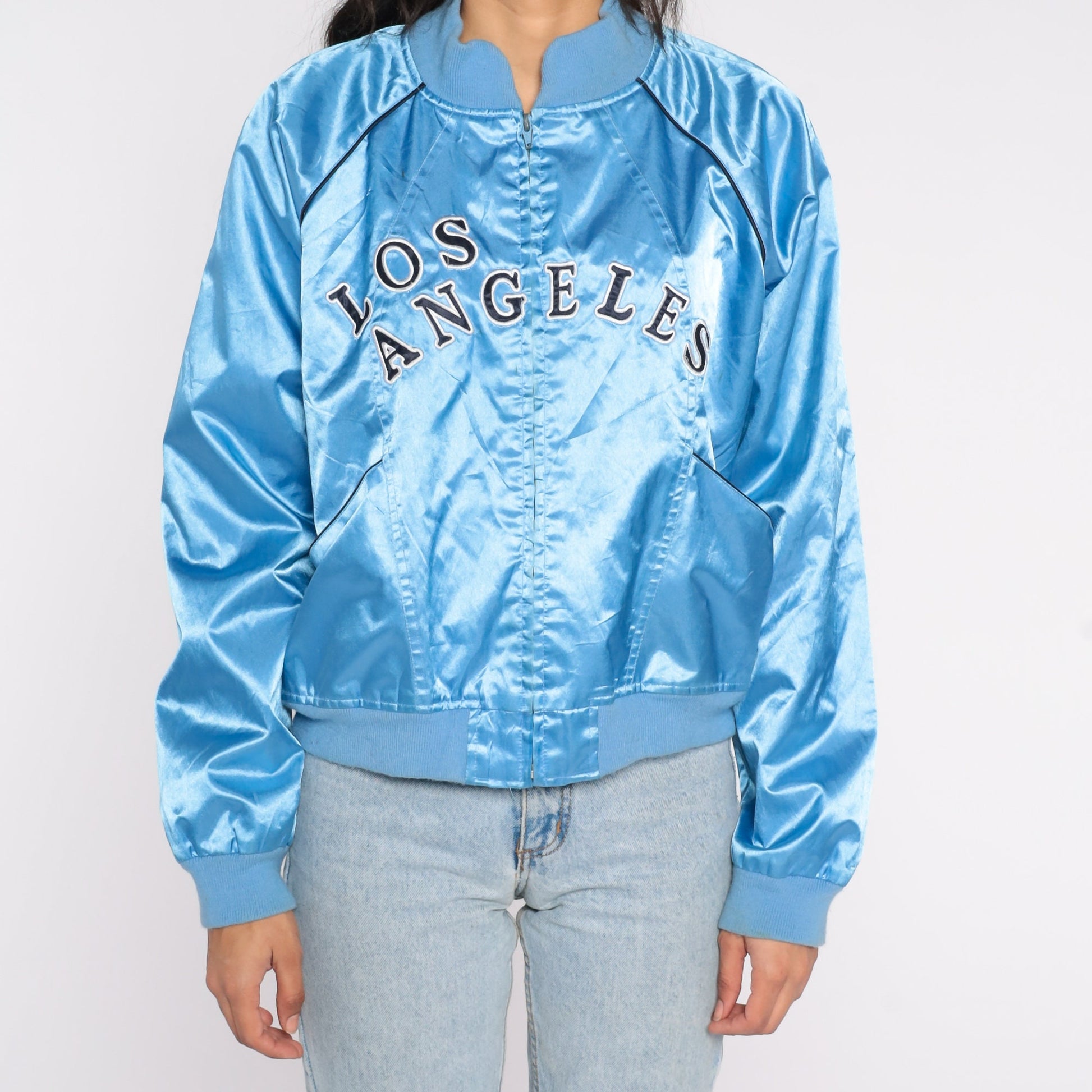 Y2K Los Angeles Baby Blue Satin Bomber Jacket Zip-Up Small S
