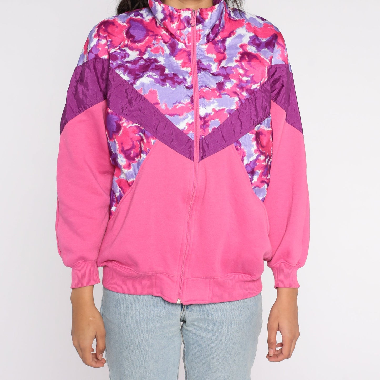 90s Pink Floral Color Block Zip Windbreaker Sweatshirt Medium M