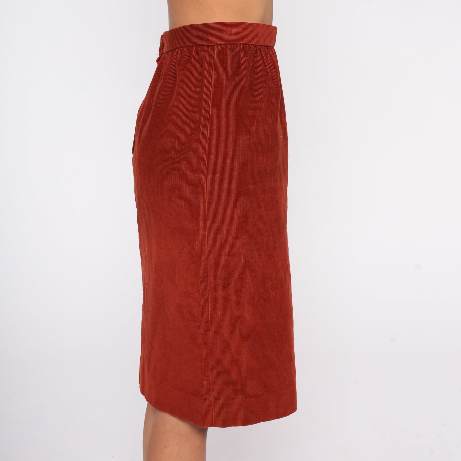 80s Rust Orange Corduroy Pencil Midi Skirt High Waist Small