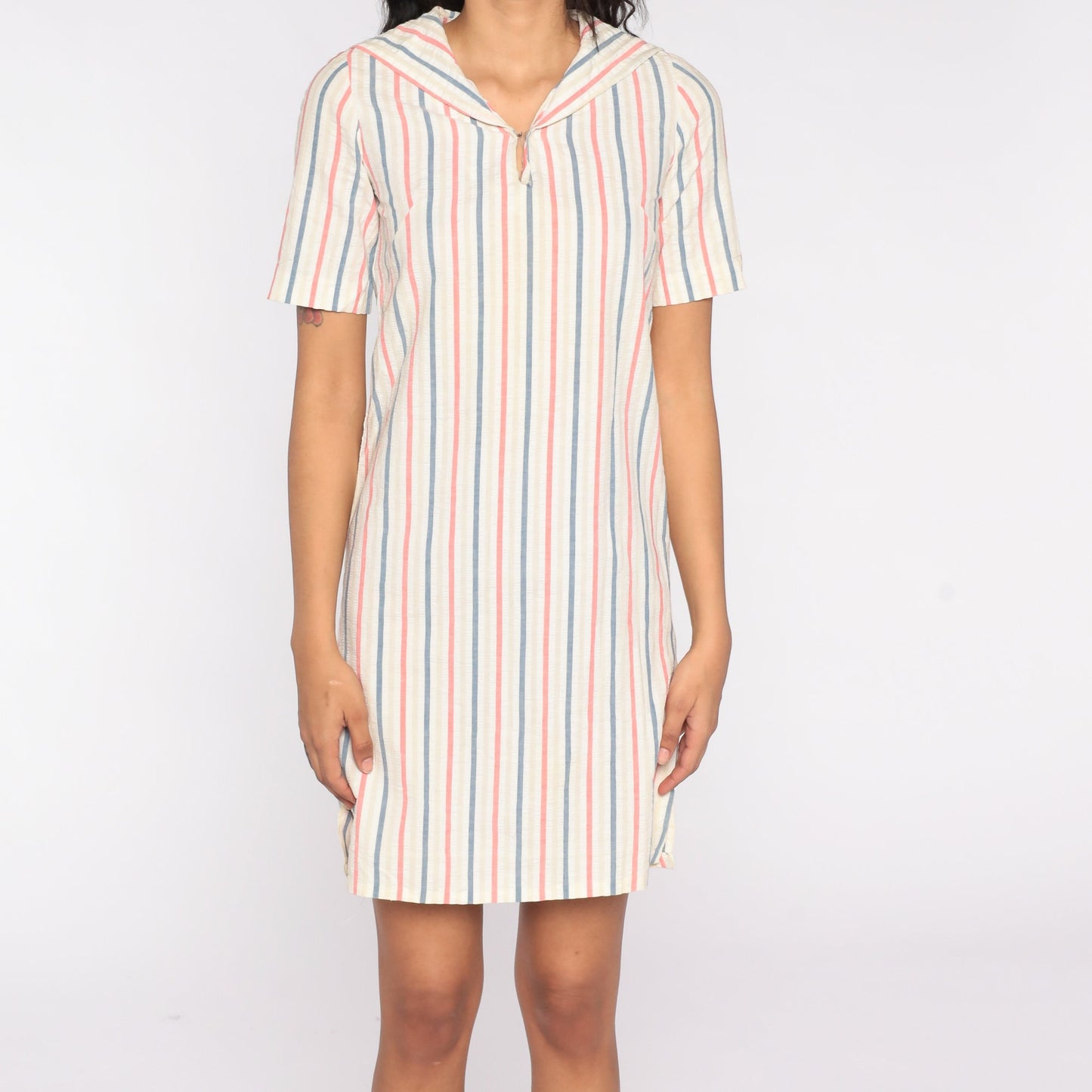 70s Striped Sailor Collar Mini Dress Short Sleeve Shift Nautical Extra Small XS
