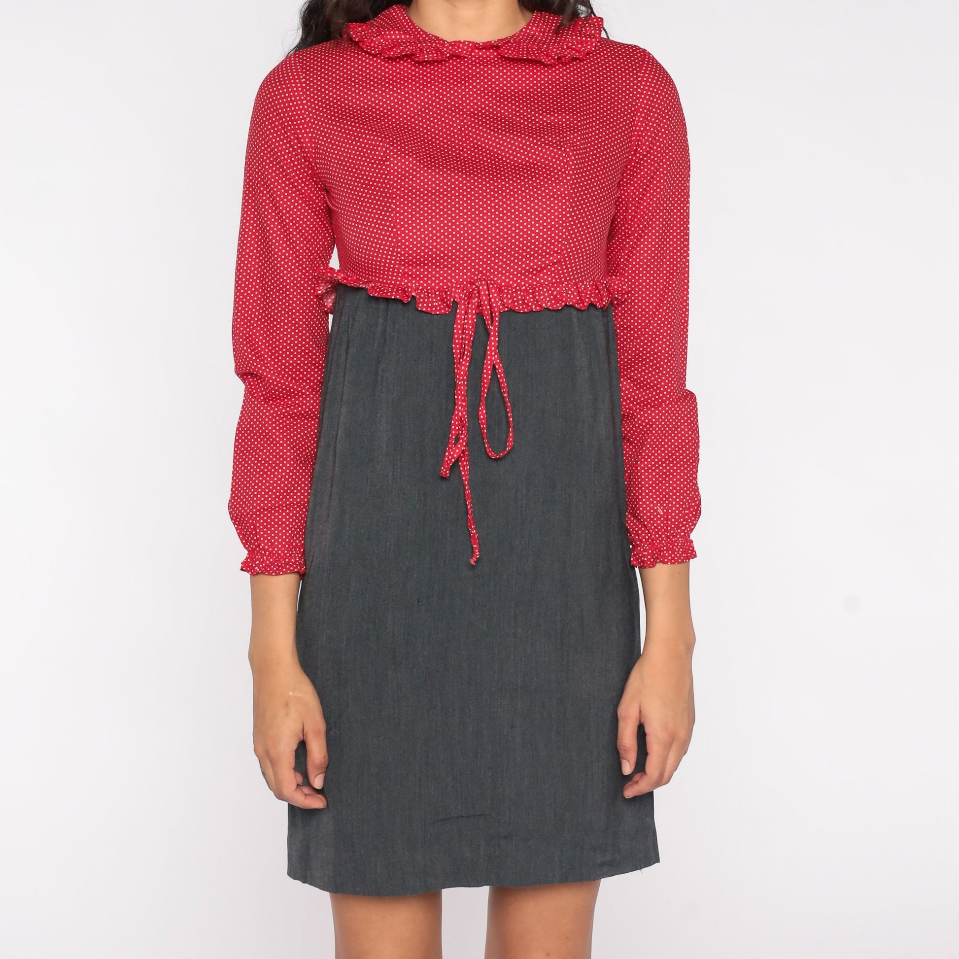 60s Red Polka Dot Mini Dress Peter Pan Collar Empire Waist Long Sleeve Extra Small XS
