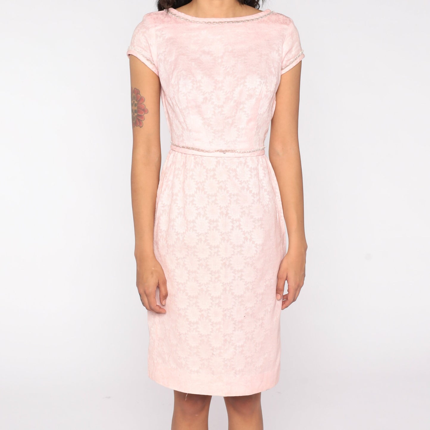 60s Baby Pink Floral Sheath Dress Cap Sleeve Knee Length Extra Small XS