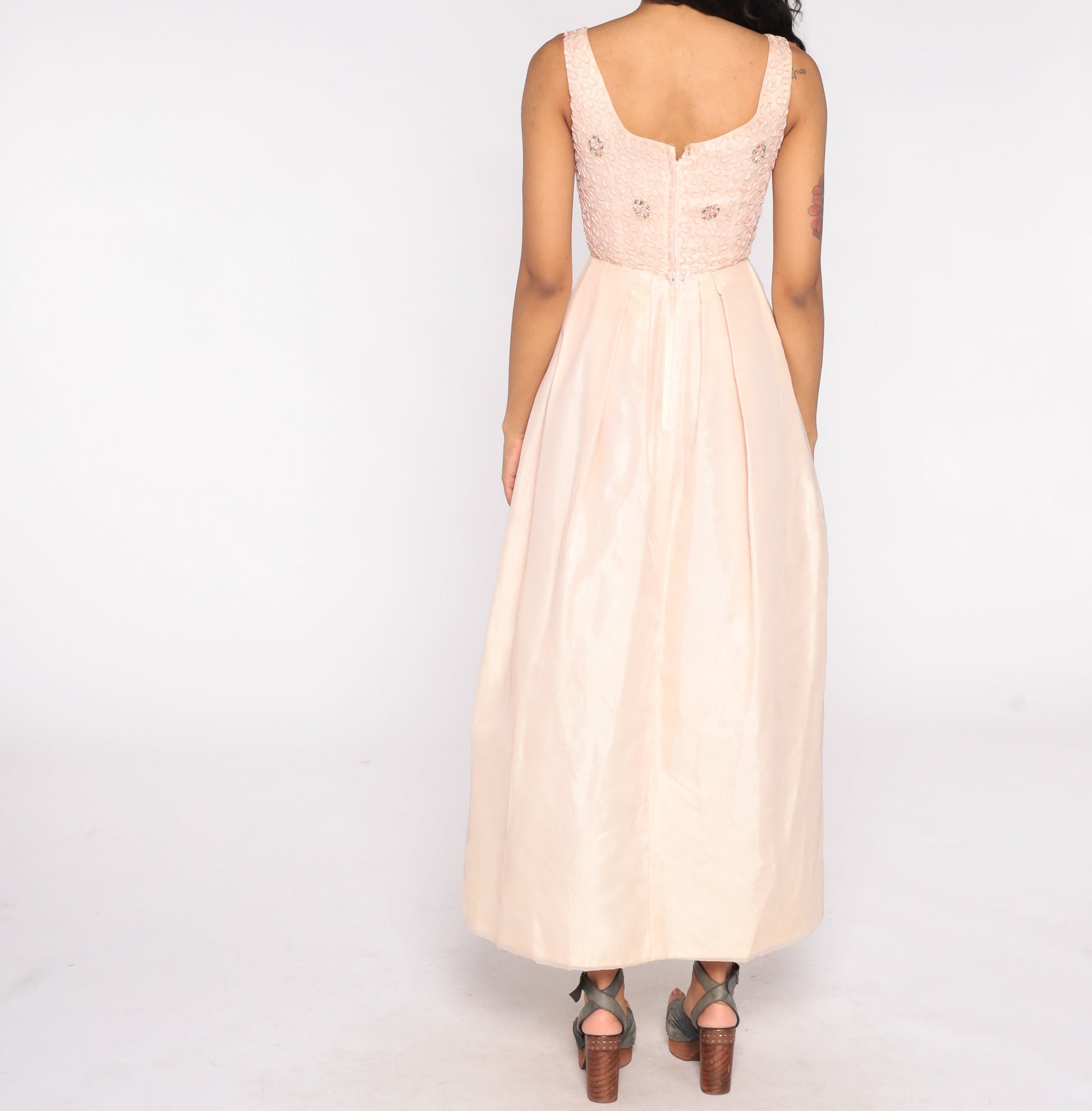 60s Pink Floral Maxi Dress Full Skirt Sleeveless Formal Gown Extra Small XS