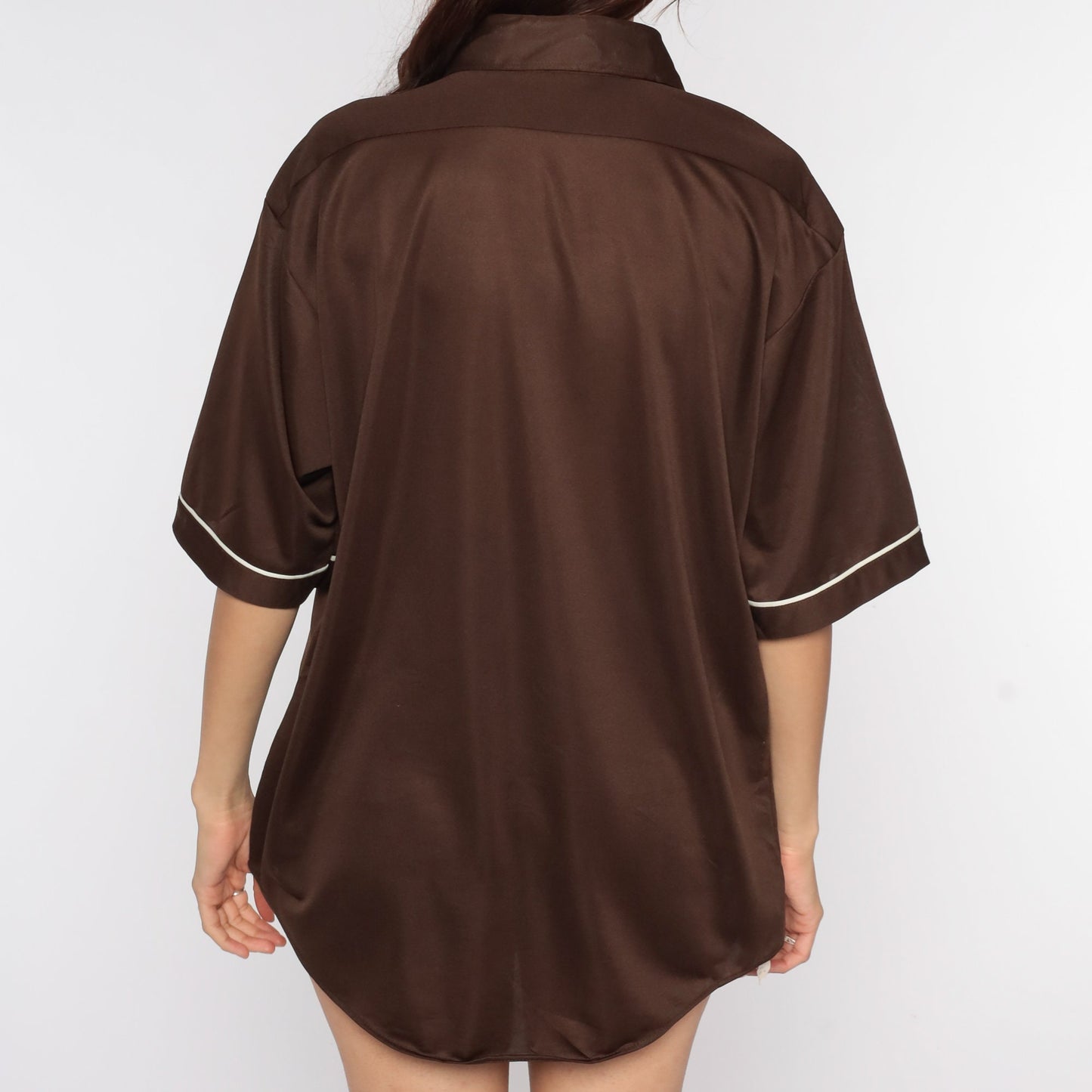 70s Brown Button-Up Shirt White Trim Short Sleeve Collared Men's Extra Large