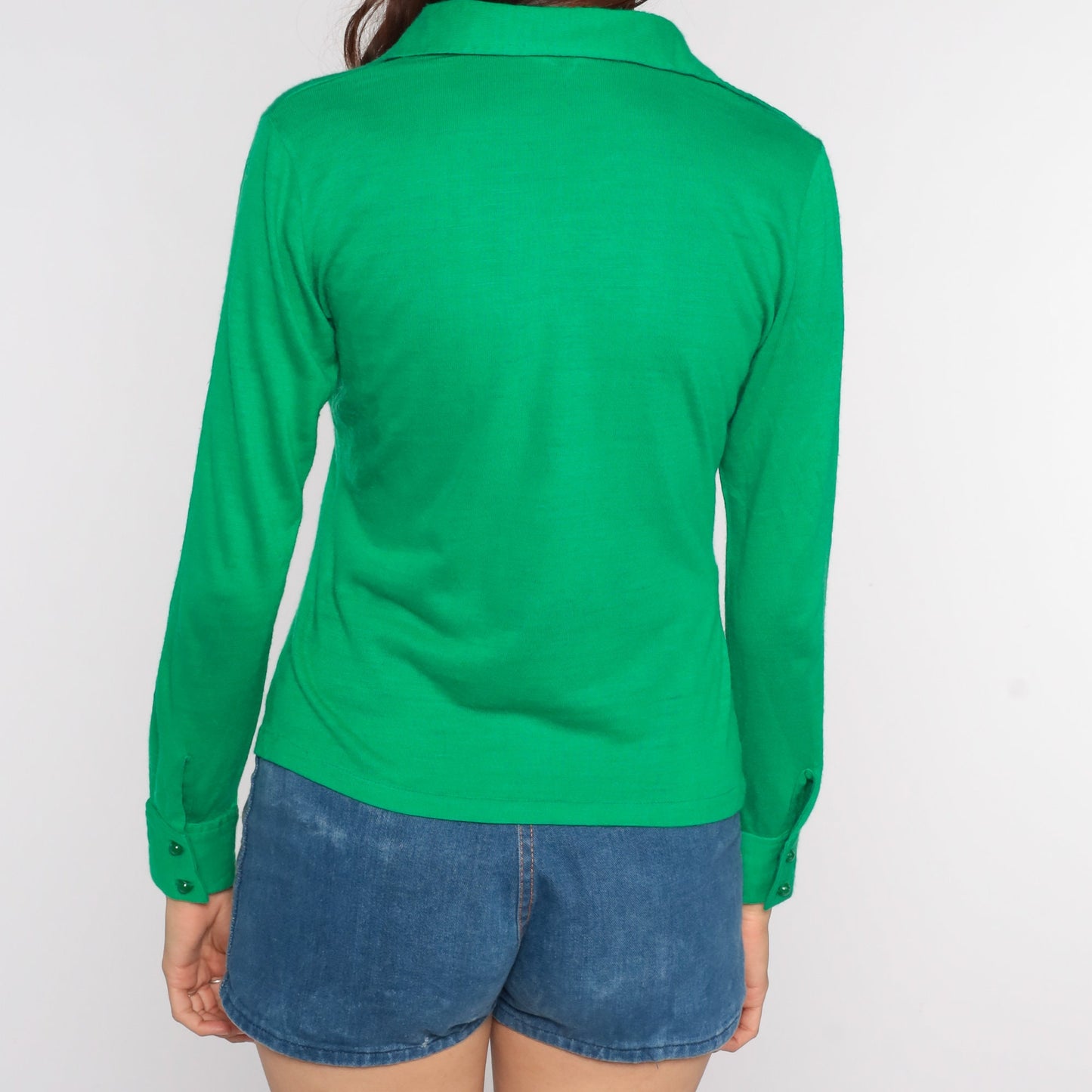 70s Green Collared Blouse Crochet Trim V Neck Long Sleeve Small