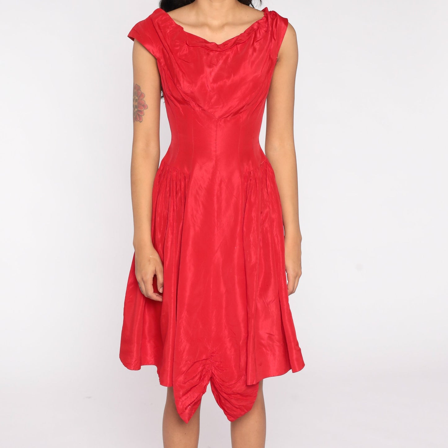 60s Red Cap Sleeve Party Dress Bow Back High Waist Mini Small