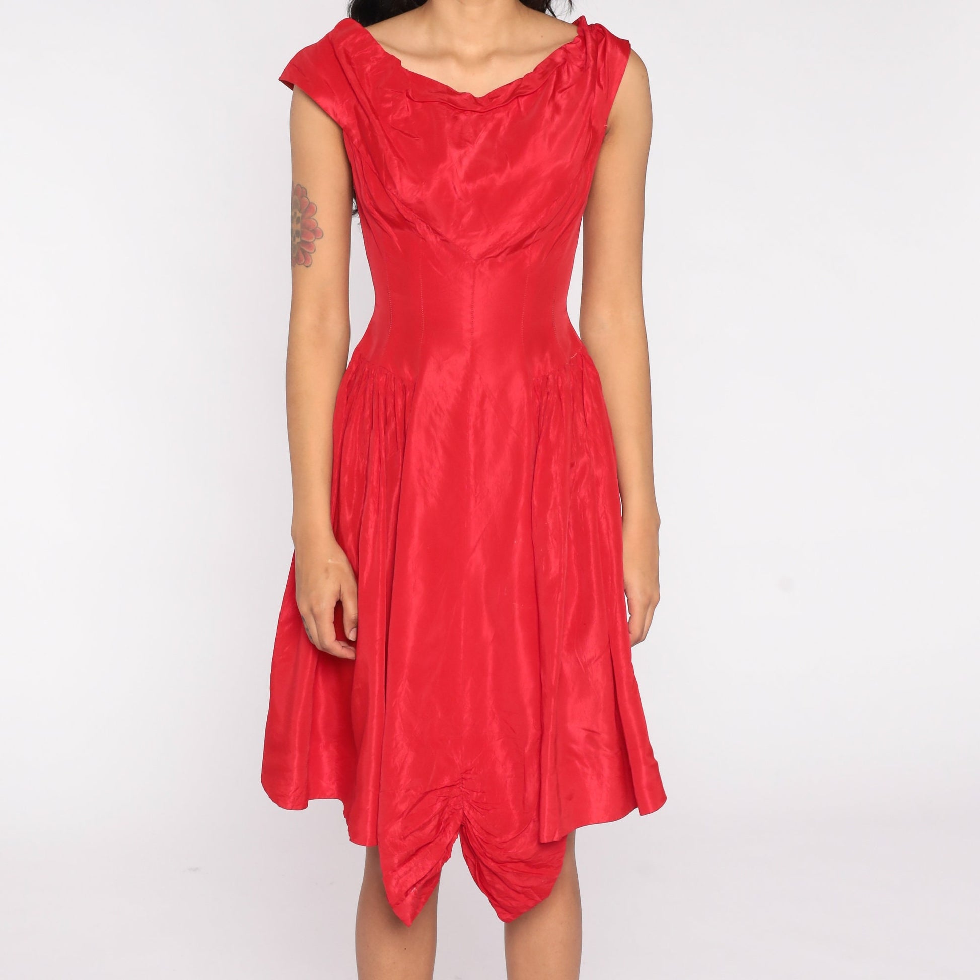 60s Red Cap Sleeve Party Dress Bow Back High Waist Mini Small