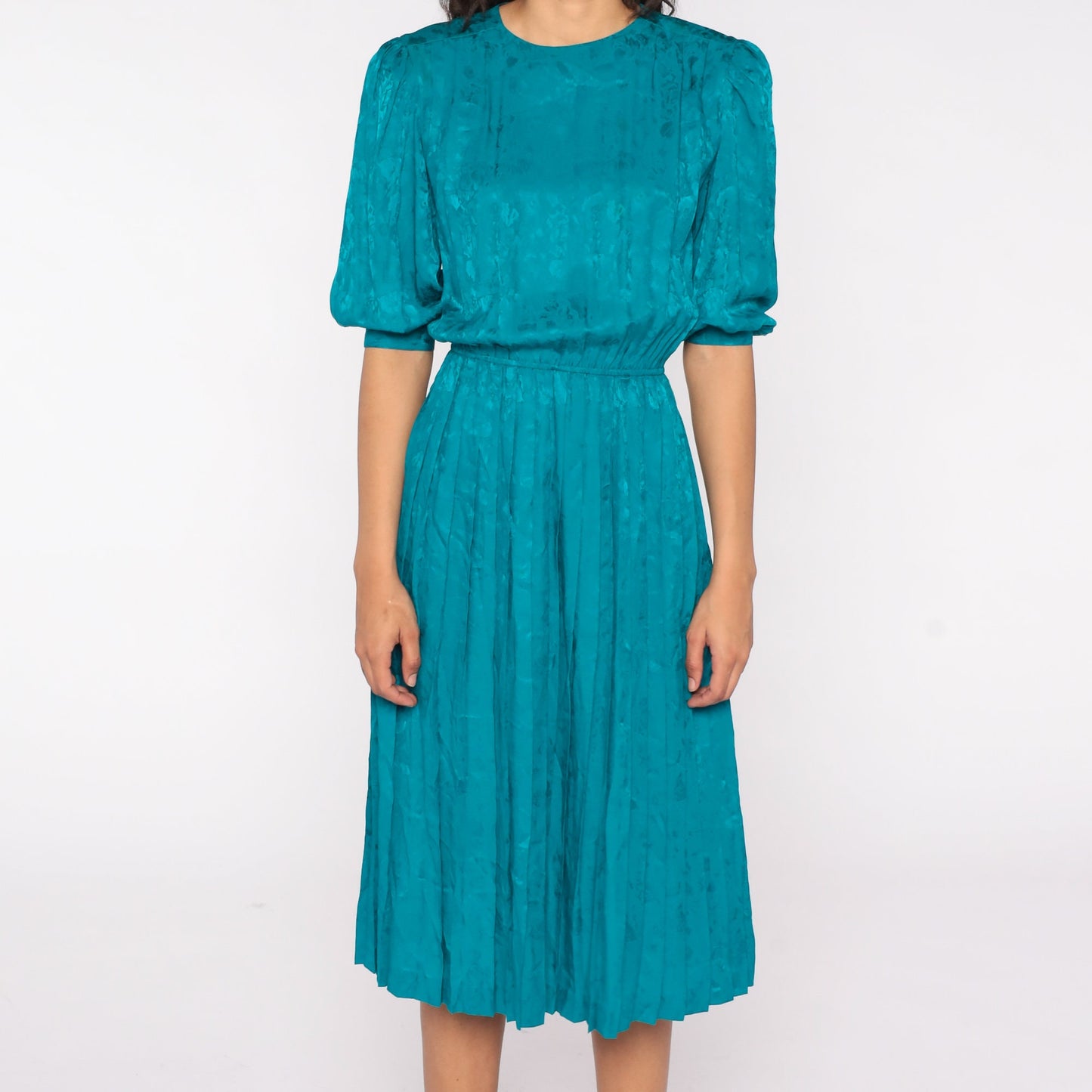 90s Teal Silk Midi Dress Puff Sleeve High Waist Pleated Floral Small