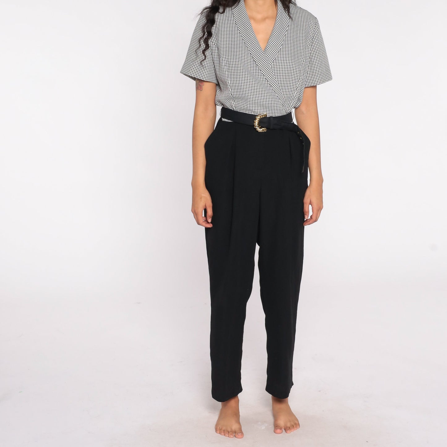 80s Black Checkered Jumpsuit High Waisted Collared V Neck Belted Pantsuit Large