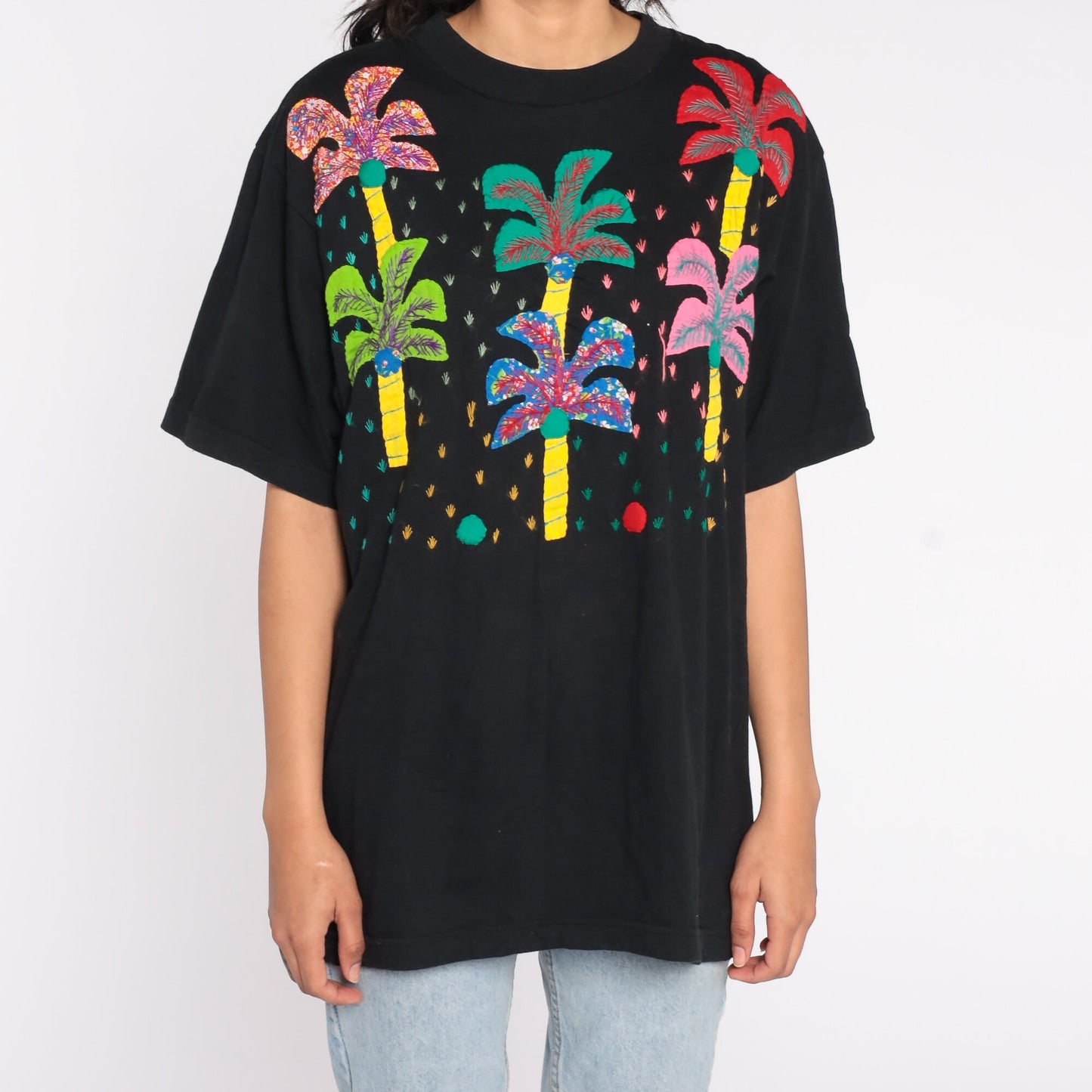 90s Palm Tree Embroidered T-Shirt Black Graphic Tee Extra Large XL