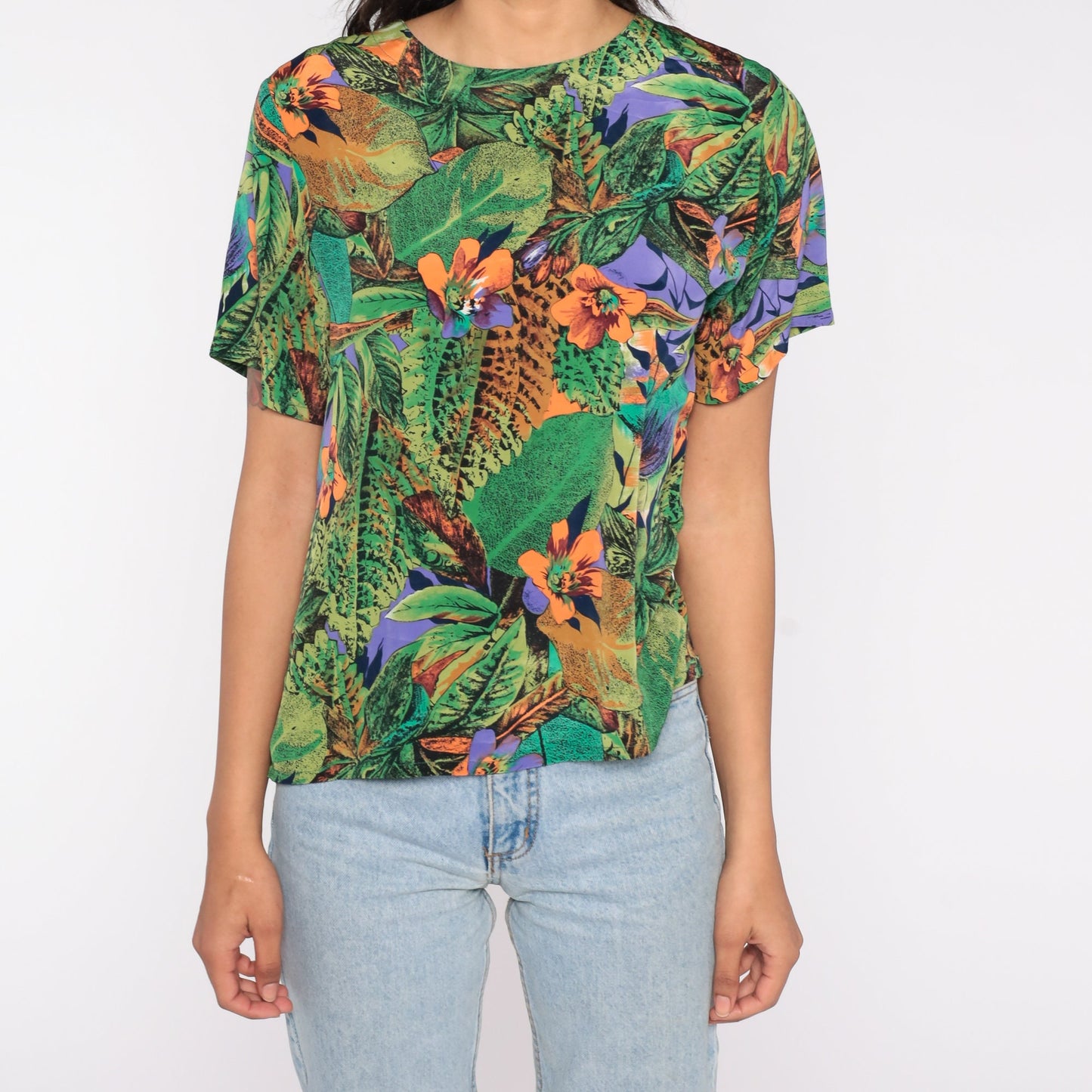 90s Tropical Floral Jungle Print Short Sleeve Shirt Green Small