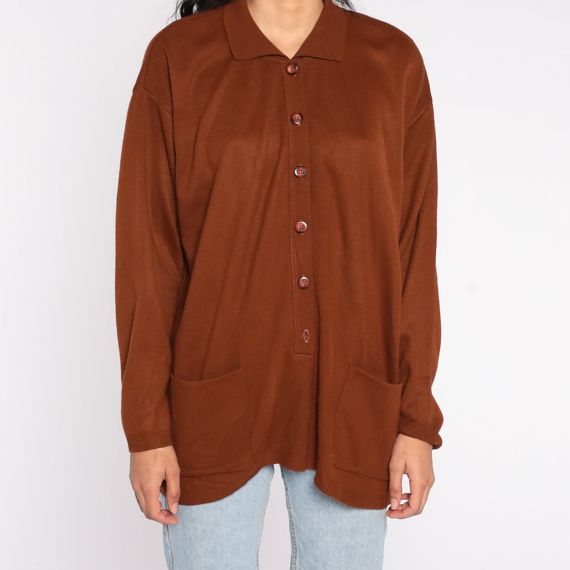 90s Brown Collared Cardigan Acrylic Knit Button-Up Extra Large XXL