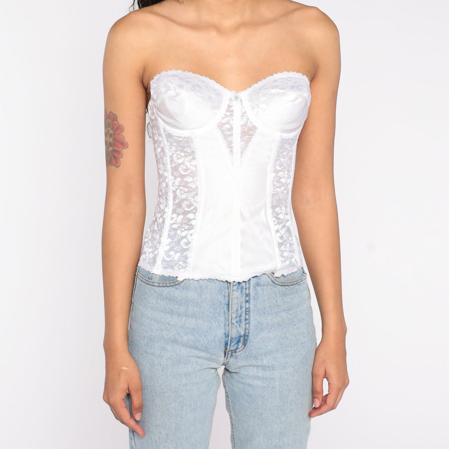 80s White Floral Lace Bustier Corset Boned Strapless Sweetheart 34B