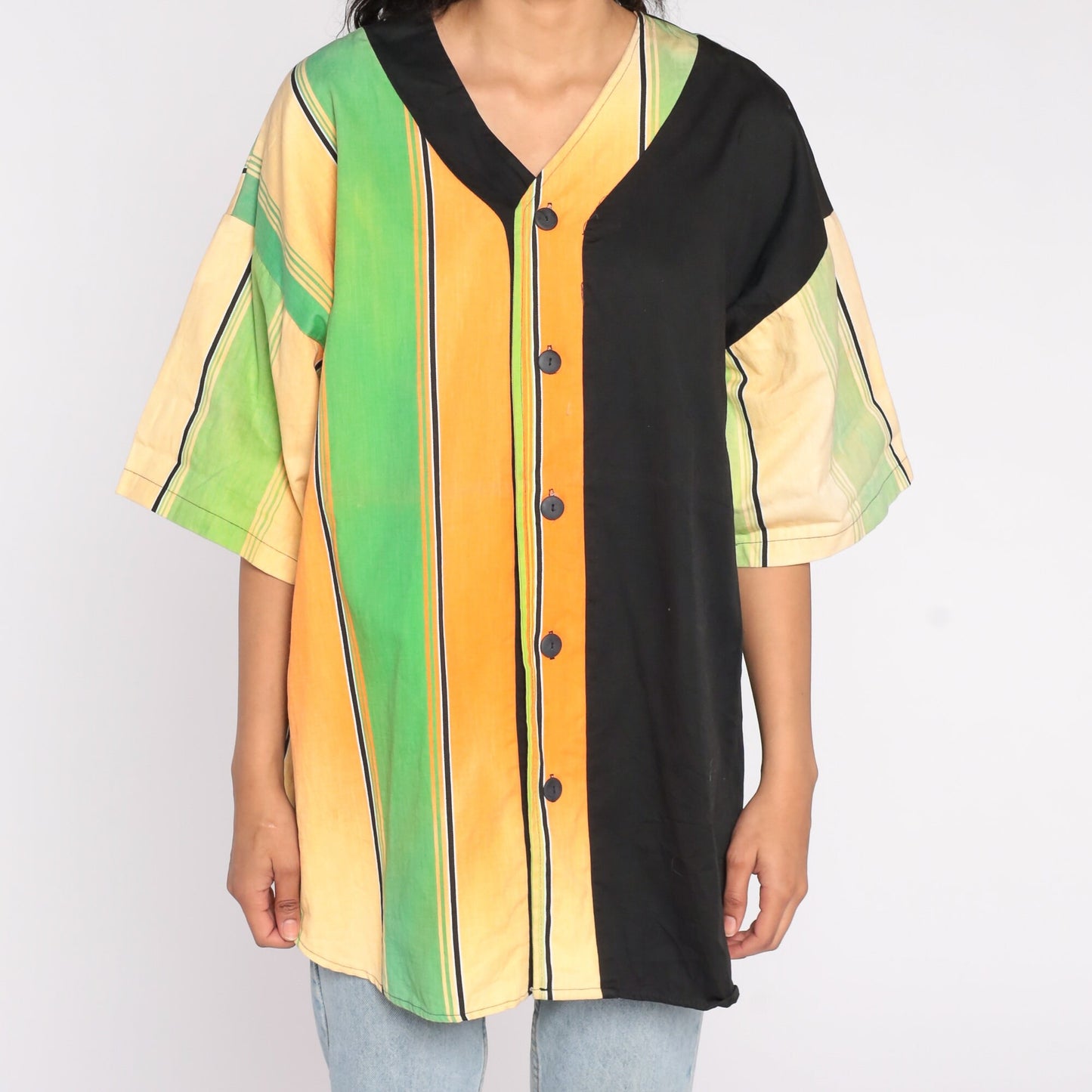 90s Neon Green Orange Striped Baseball Jersey Cotton Button Up Large