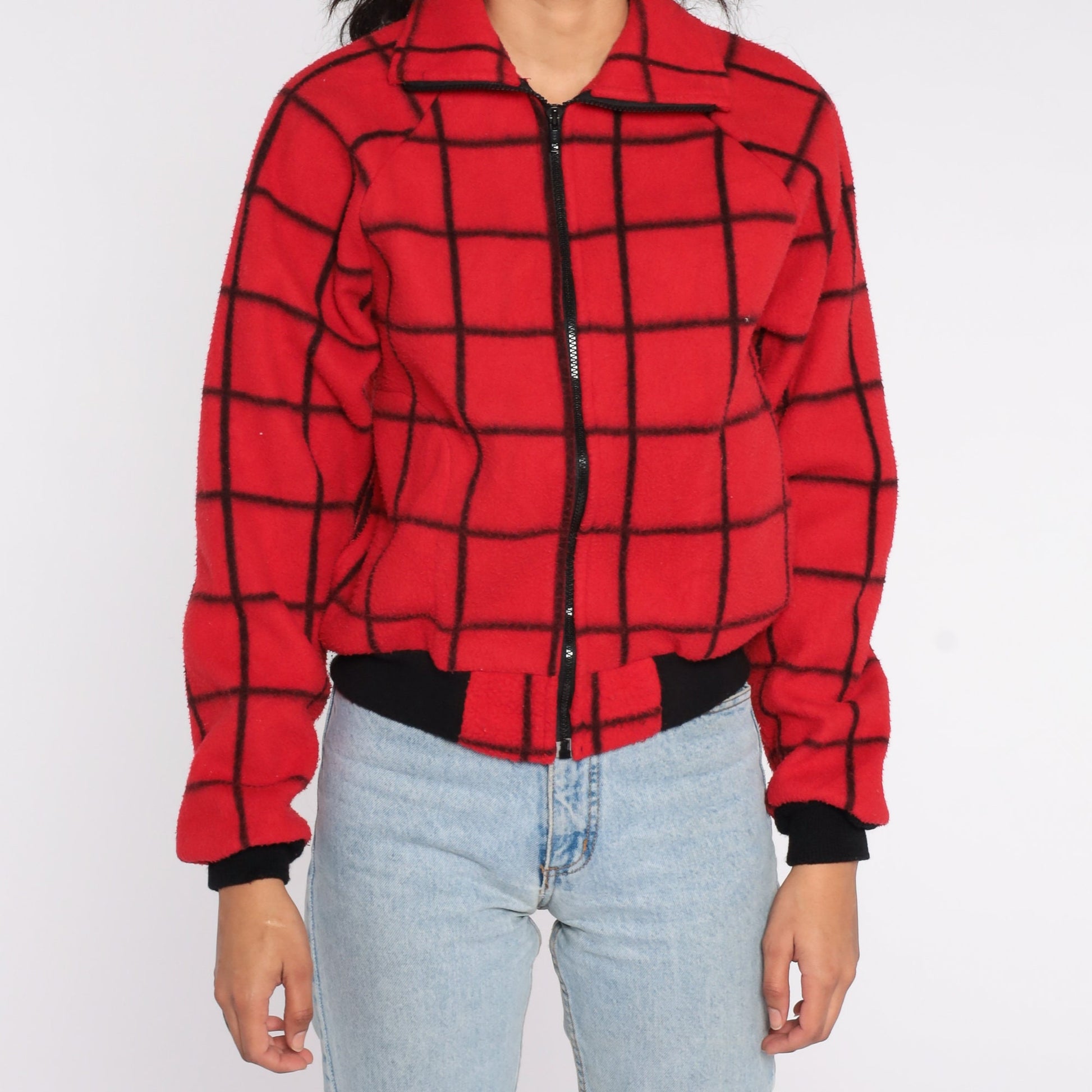 80s Red Plaid Polar Fleece Zip-Up Jacket Checkered Small
