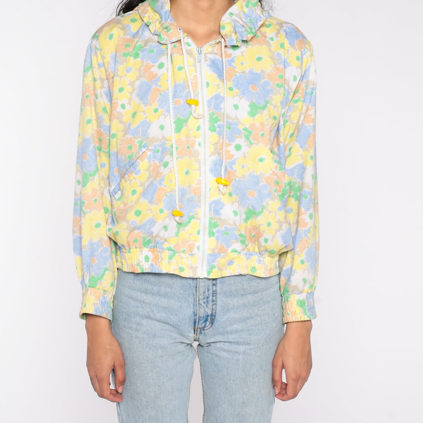 80s Floral Hooded Windbreaker Pastel Zip-Up Jacket Medium