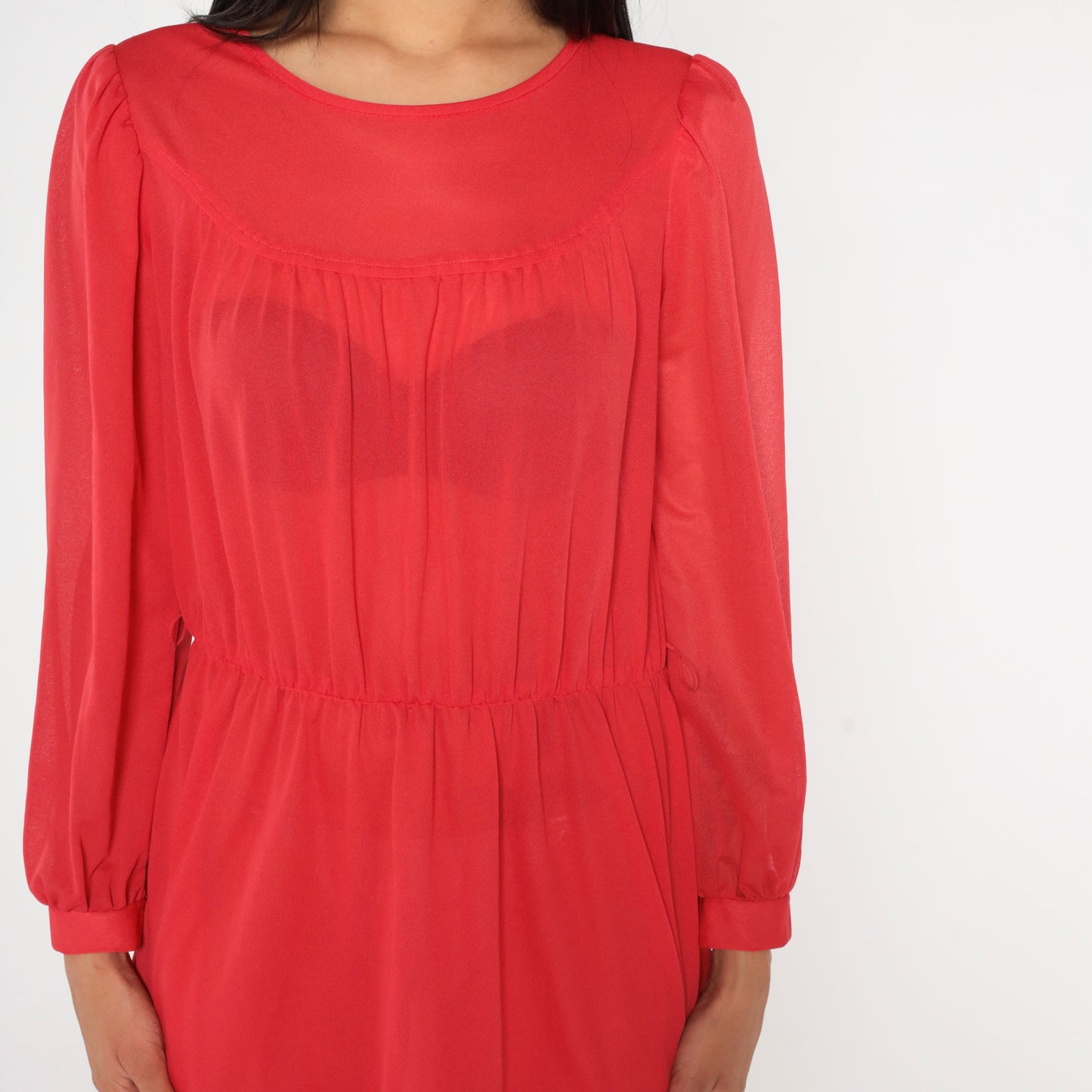 70s Red Sheer Midi Dress Puff Sleeve High Waist Long Sleeve Small Medium