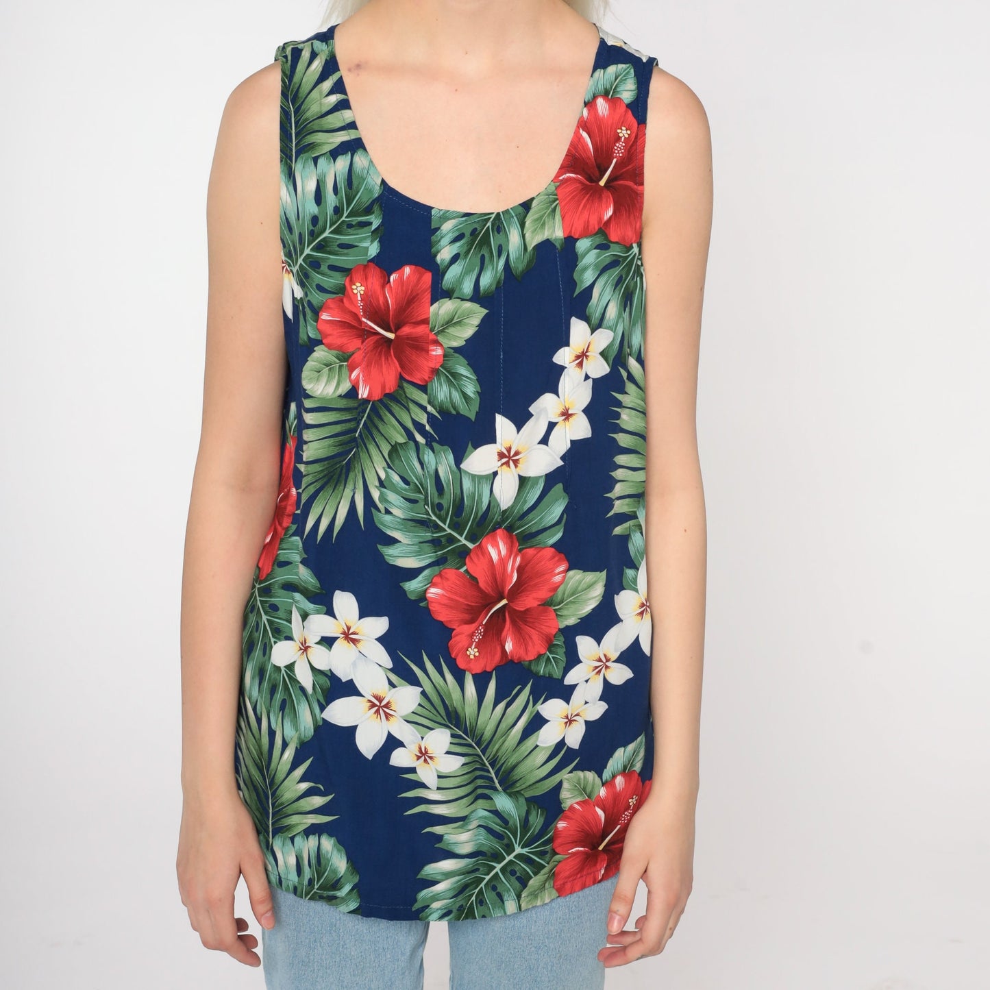 90s Tropical Floral Tank Top Blue Hibiscus Print Sleeveless Blouse Medium