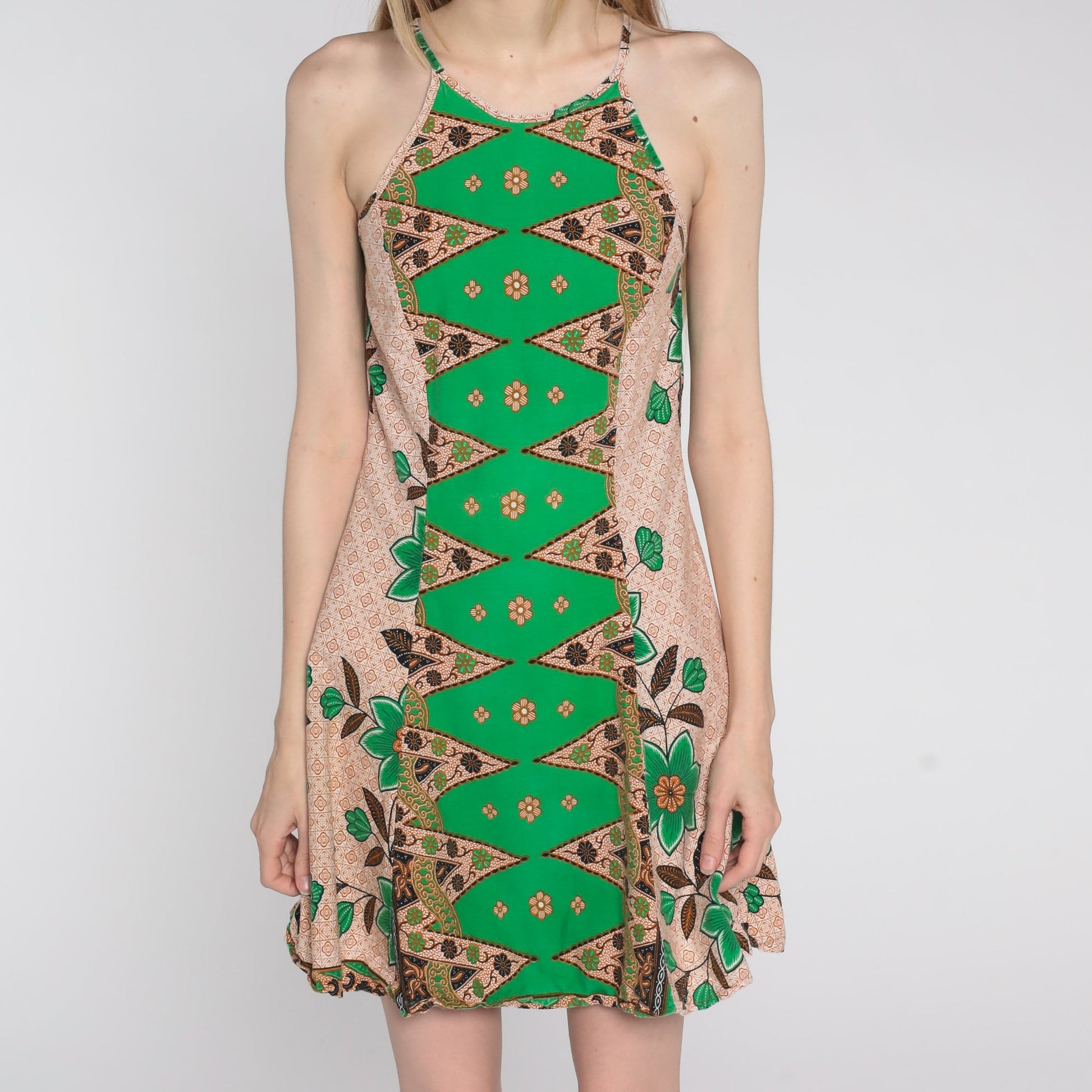 90s Batik Floral Mini Sundress Orange Sleeveless Shift Extra Small