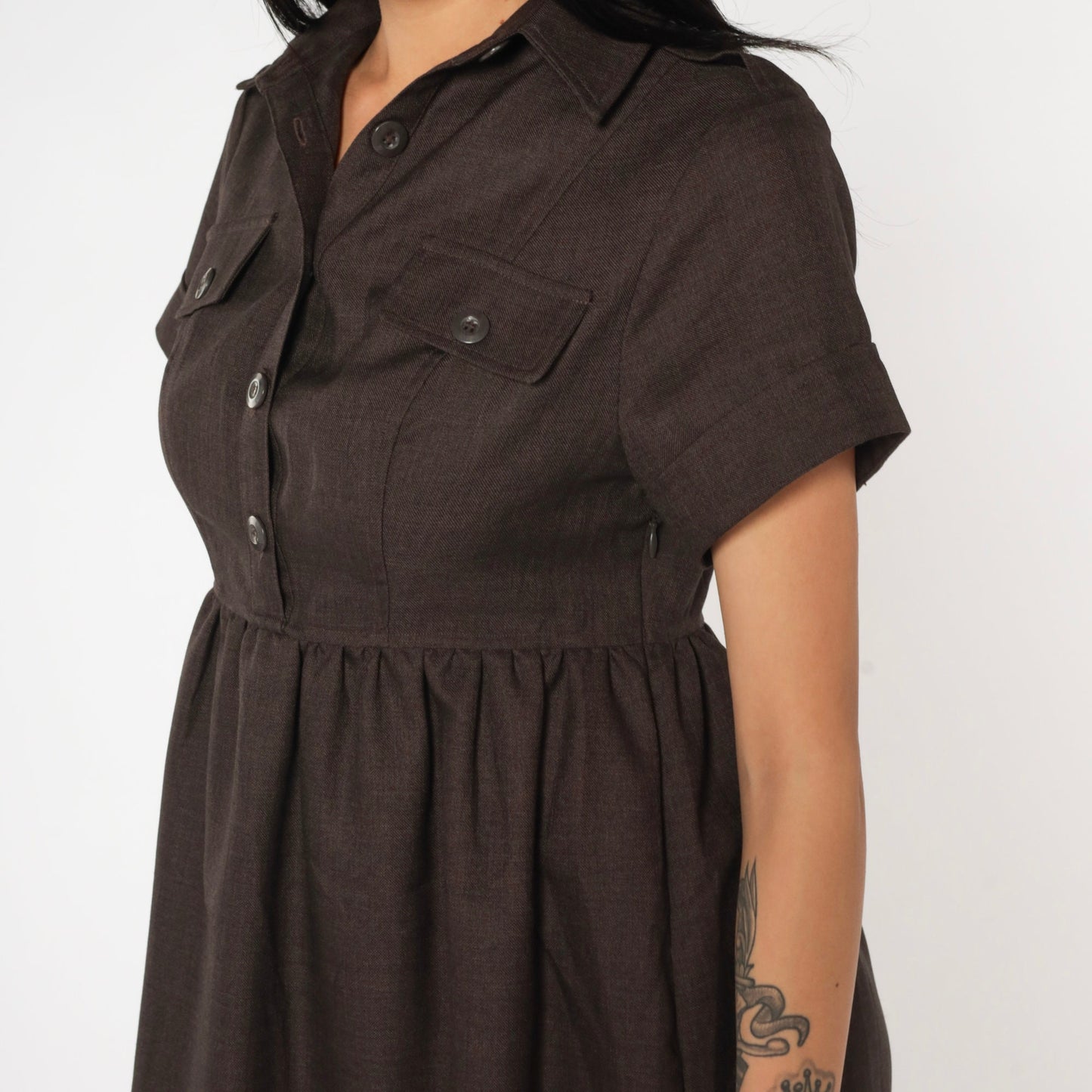 Y2K Brown Babydoll Mini Dress Empire Waist Short Sleeve Button Up Extra Small