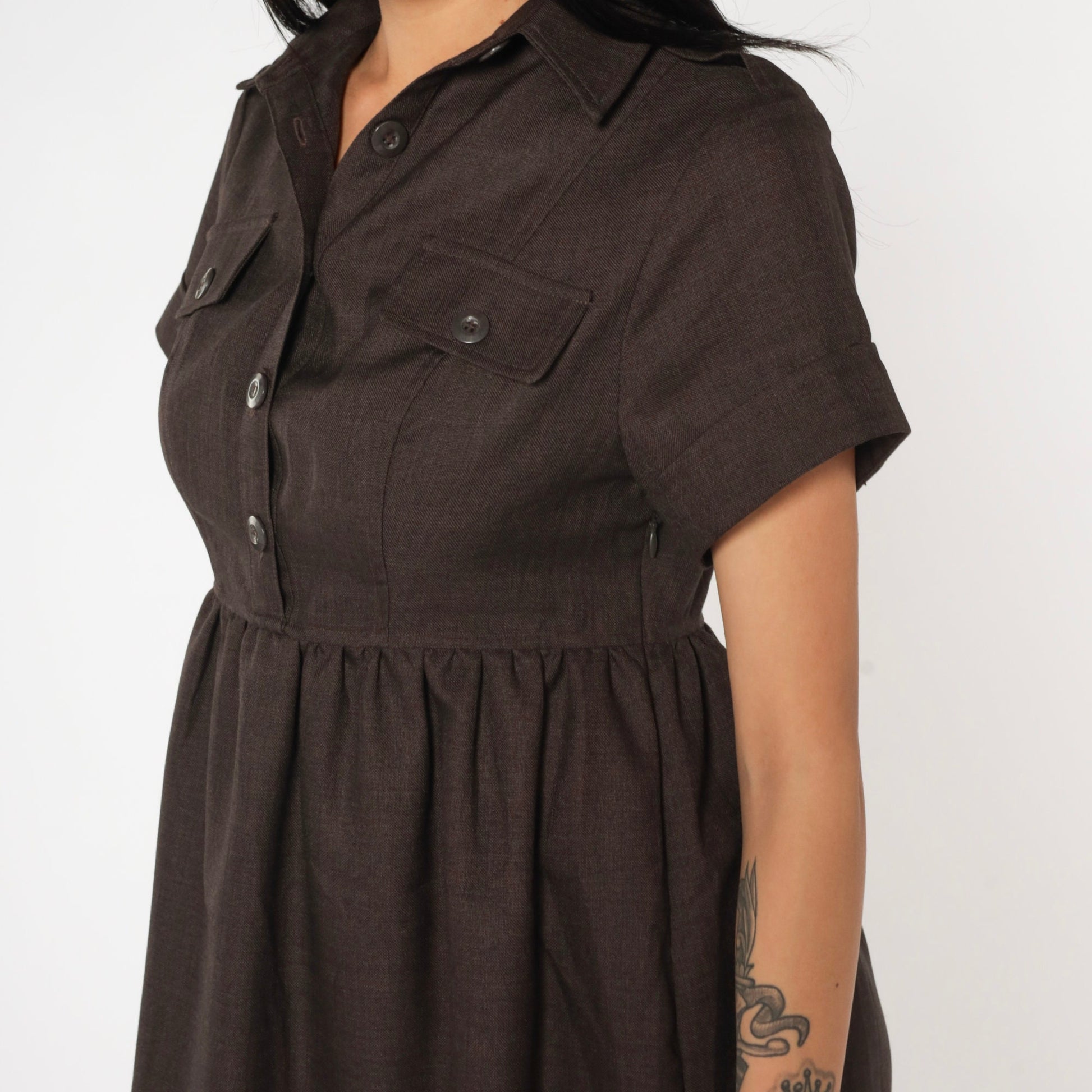 Y2K Brown Babydoll Mini Dress Empire Waist Short Sleeve Button Up Extra Small