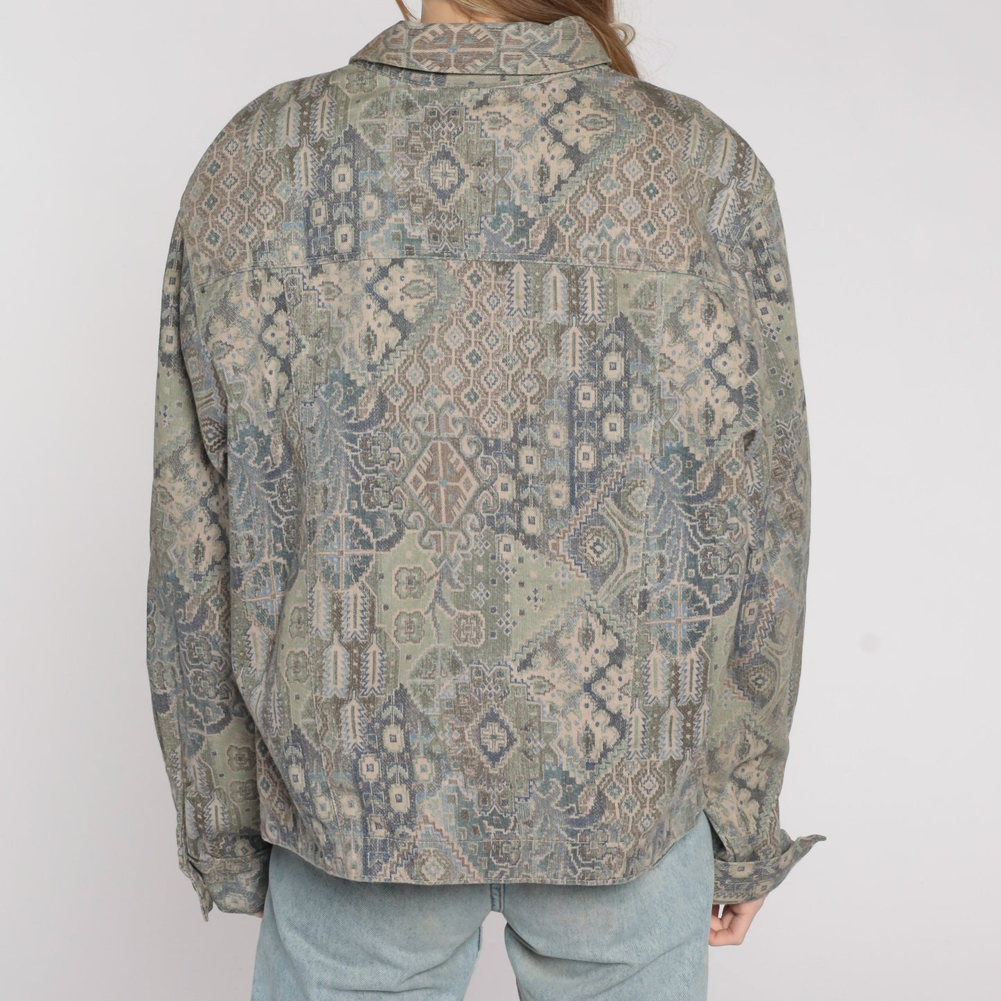 90s Geometric Cargo Jacket Cotton Button Up Taupe Blue Extra Large XL