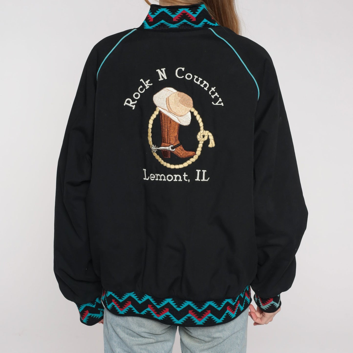 80s Rock N Country Snap Jacket Black Aztec Graphic Unisex Large