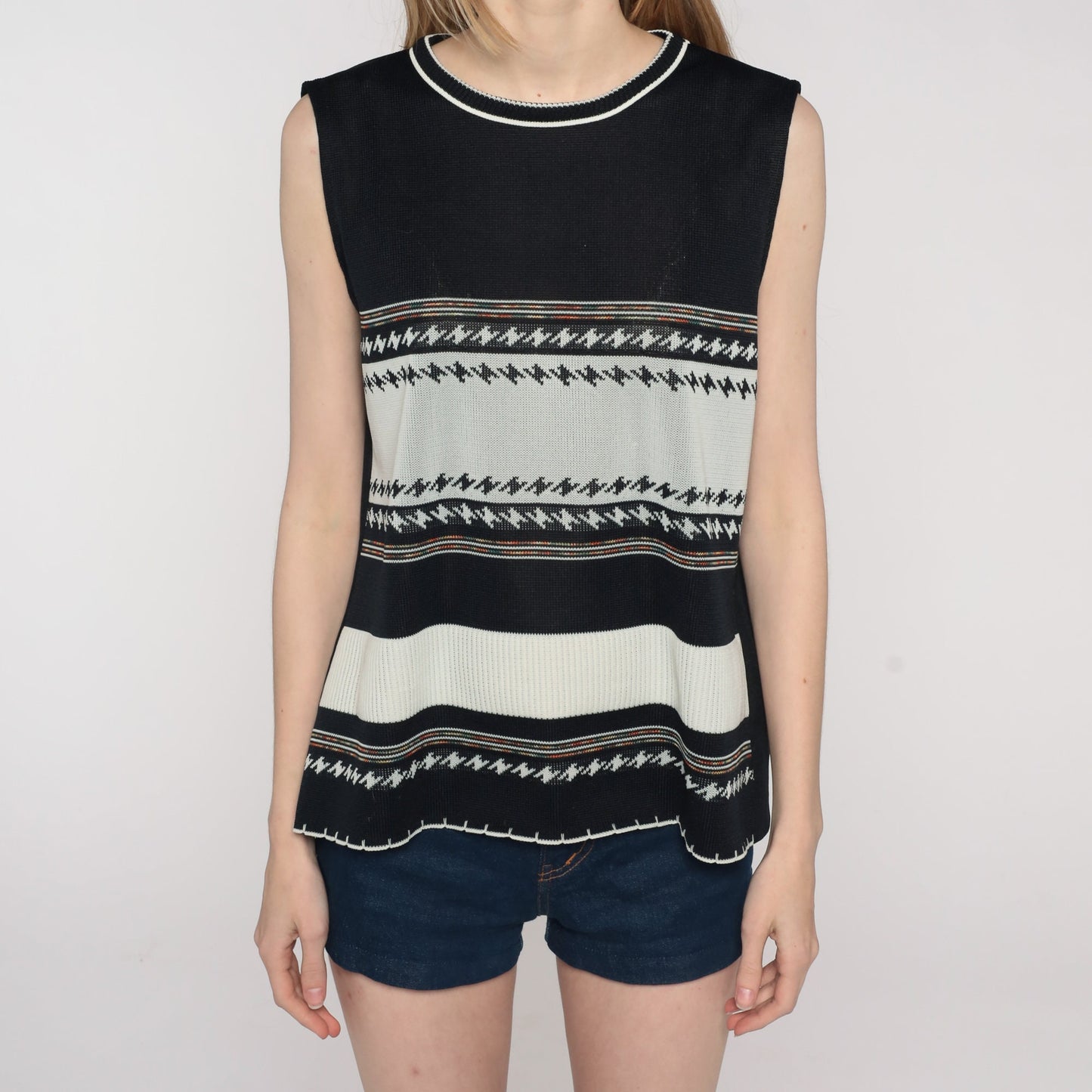 70s Black Off-White Striped Tank Top Sleeveless Blouse Large L