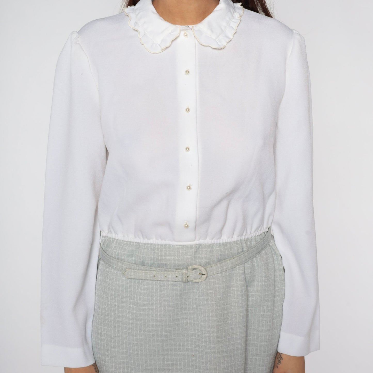 80s Leslie Fay Mini Dress Puff Sleeve Peter Pan Collar Checkered Medium Large