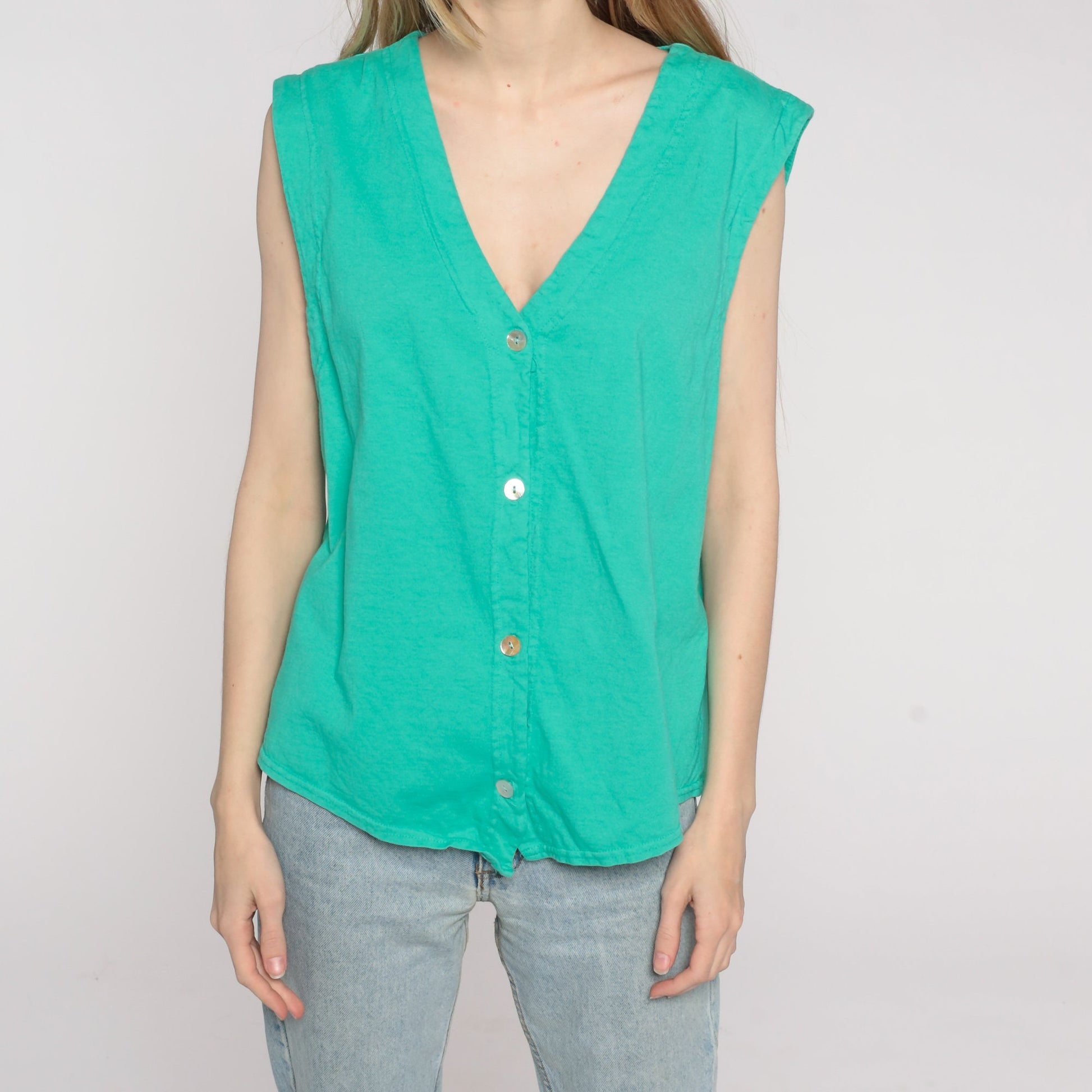 90s Green Button-Up Tank Top Sleeveless Blouse V-Neck Large L