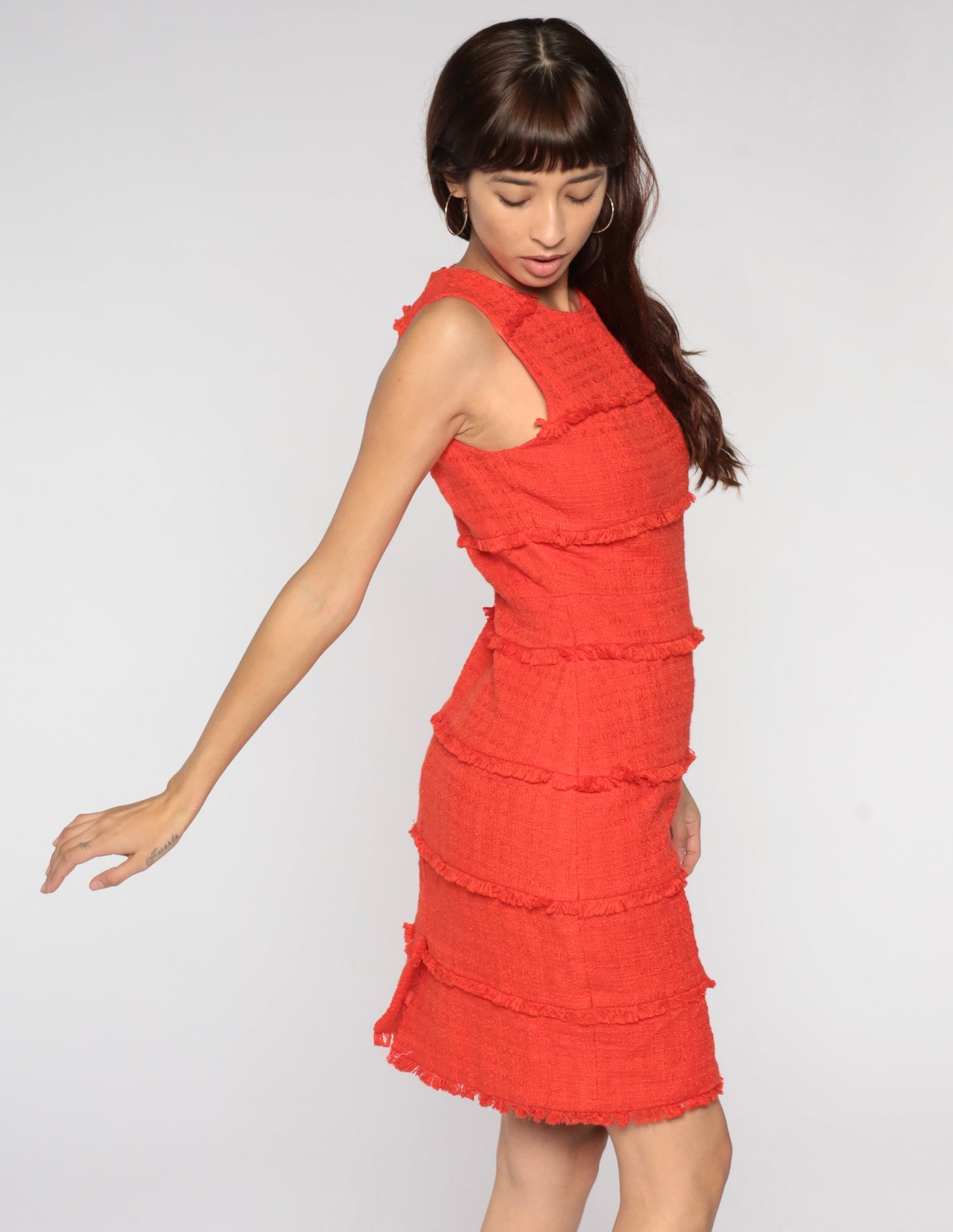 00s Orange Cotton Mini Dress Sleeveless Sheath Fringe Trim Small