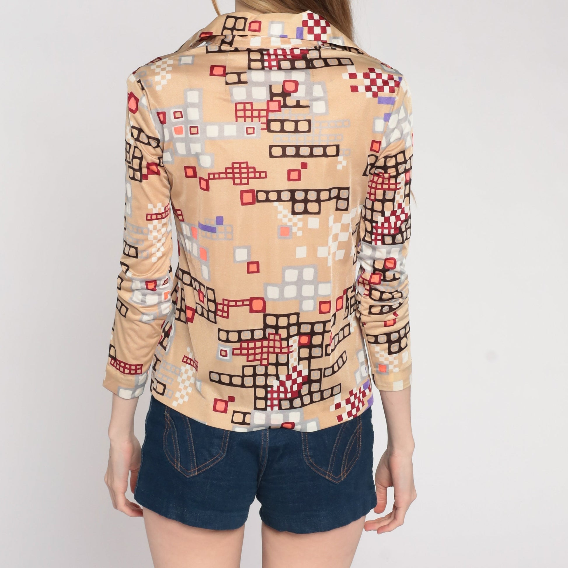 70s Psychedelic Geometric Print Button-Up Blouse Beige Long Sleeve Extra Small
