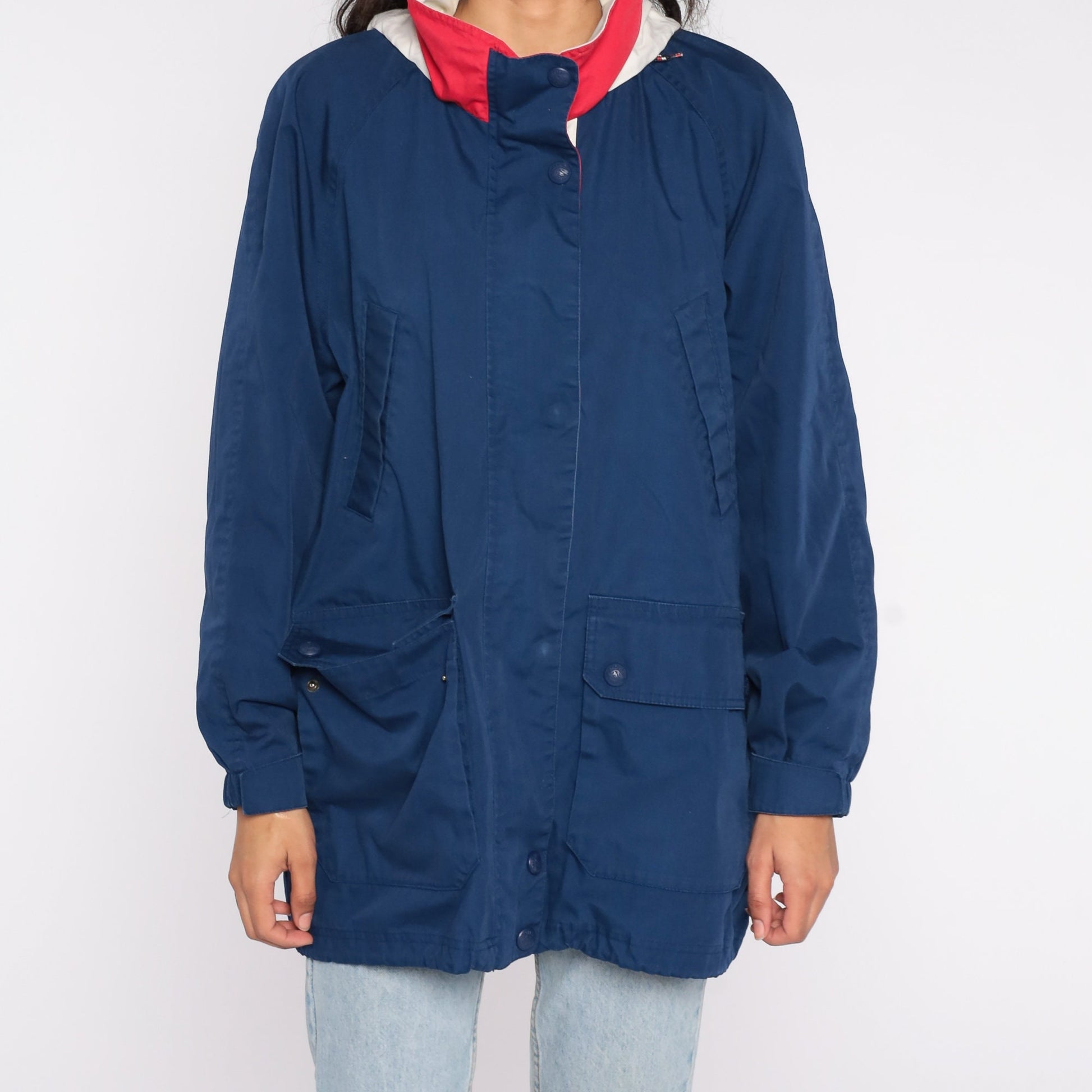 90s Navy Windbreaker Jacket Funnel Neck Raglan Lightweight Large L