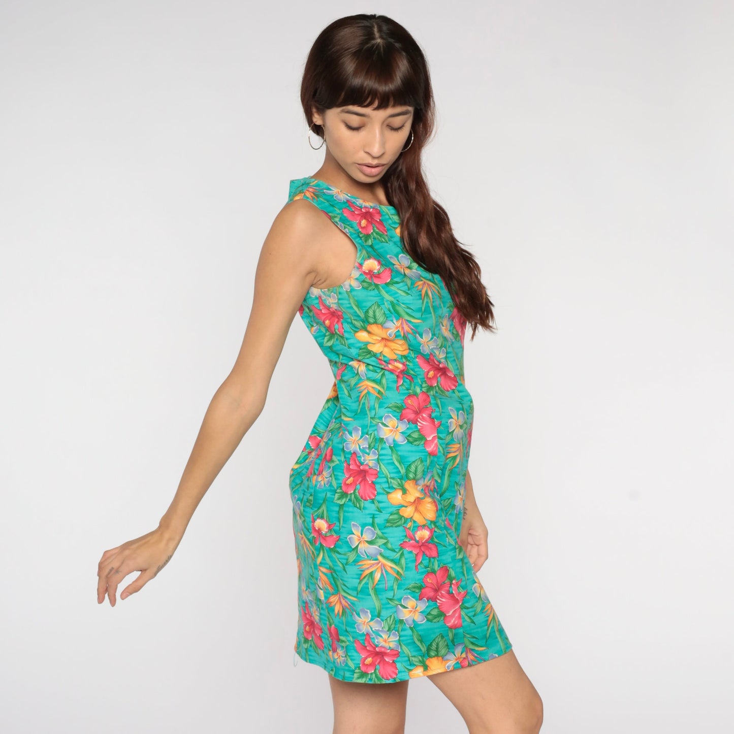 90s Floral Sheath Sundress Turquoise Mini Sleeveless Small Medium