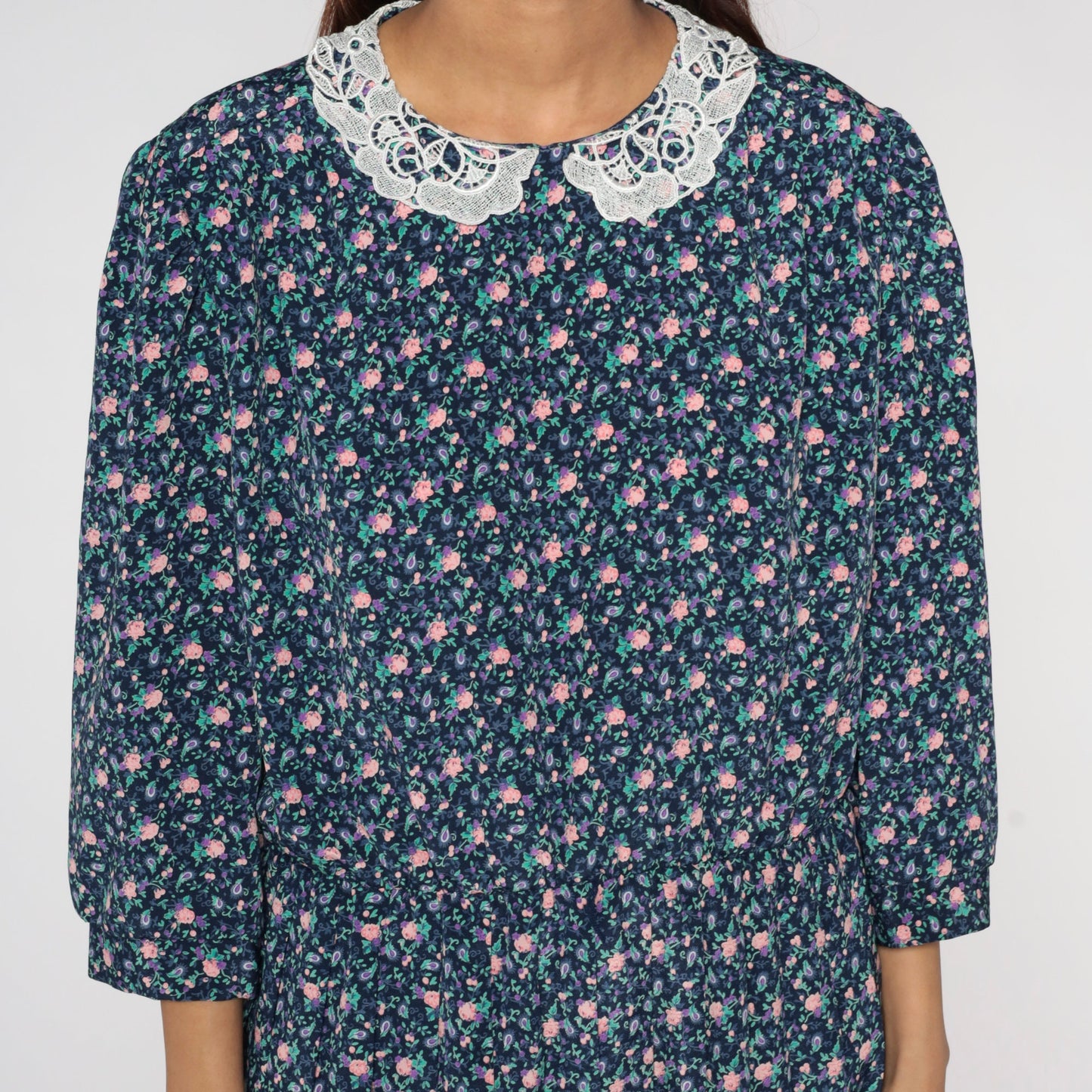 80s Blue Floral Mini Dress Lace Collar 3/4 Sleeve Plus Size XL