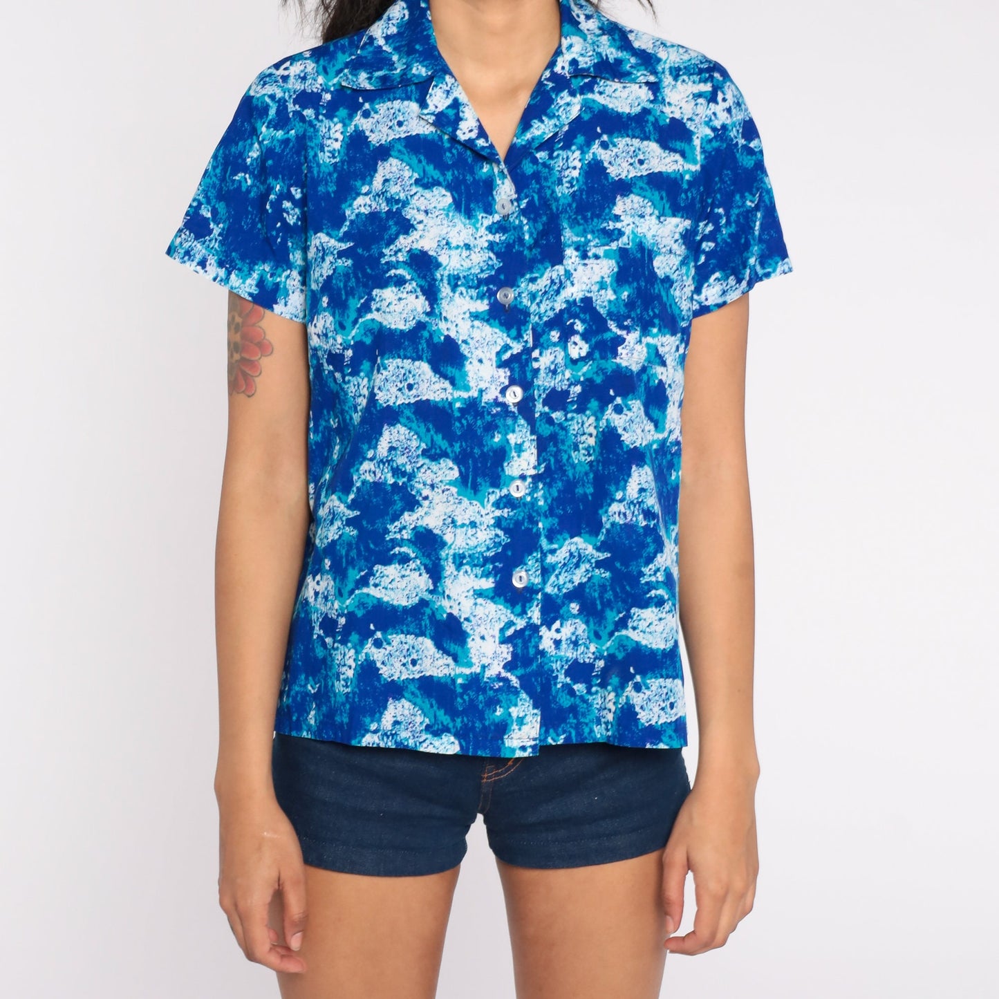 70s Psychedelic Abstract Button Up Blouse Blue Short Sleeve Medium Large