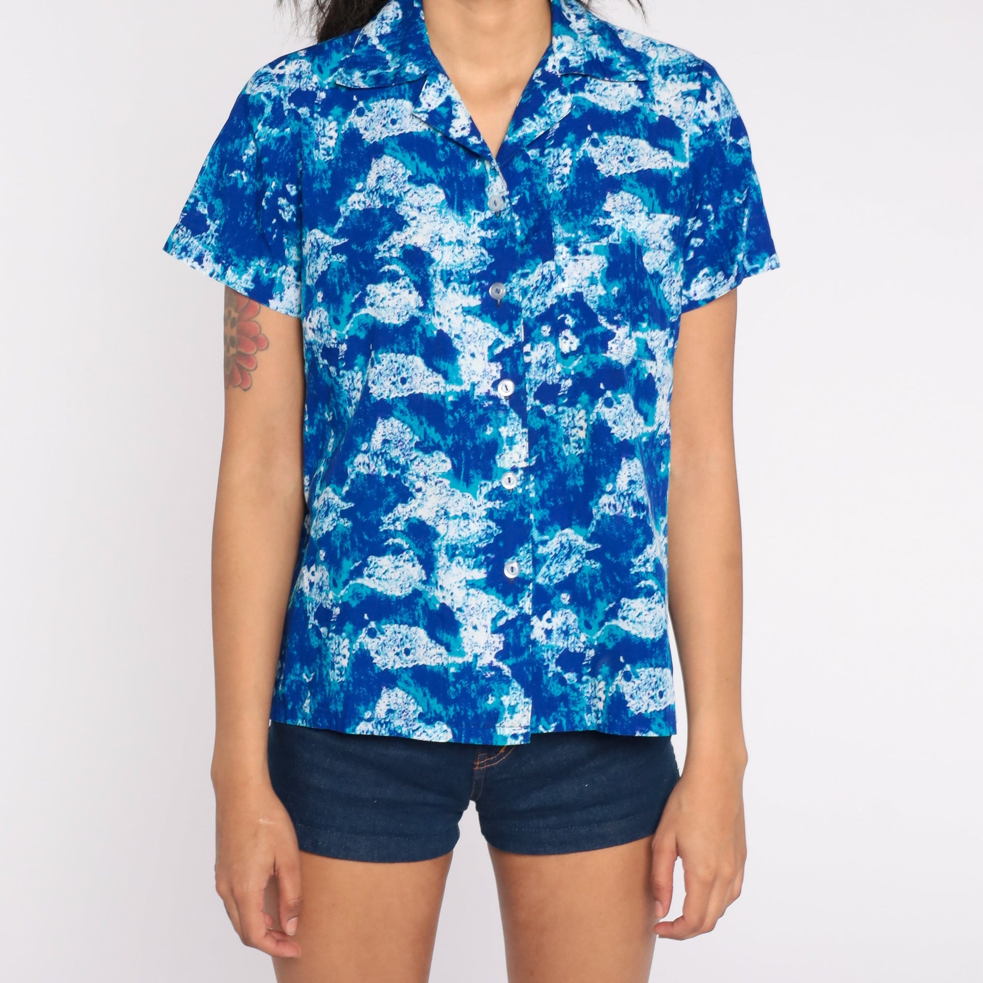 70s Psychedelic Abstract Button Up Blouse Blue Short Sleeve Medium Large