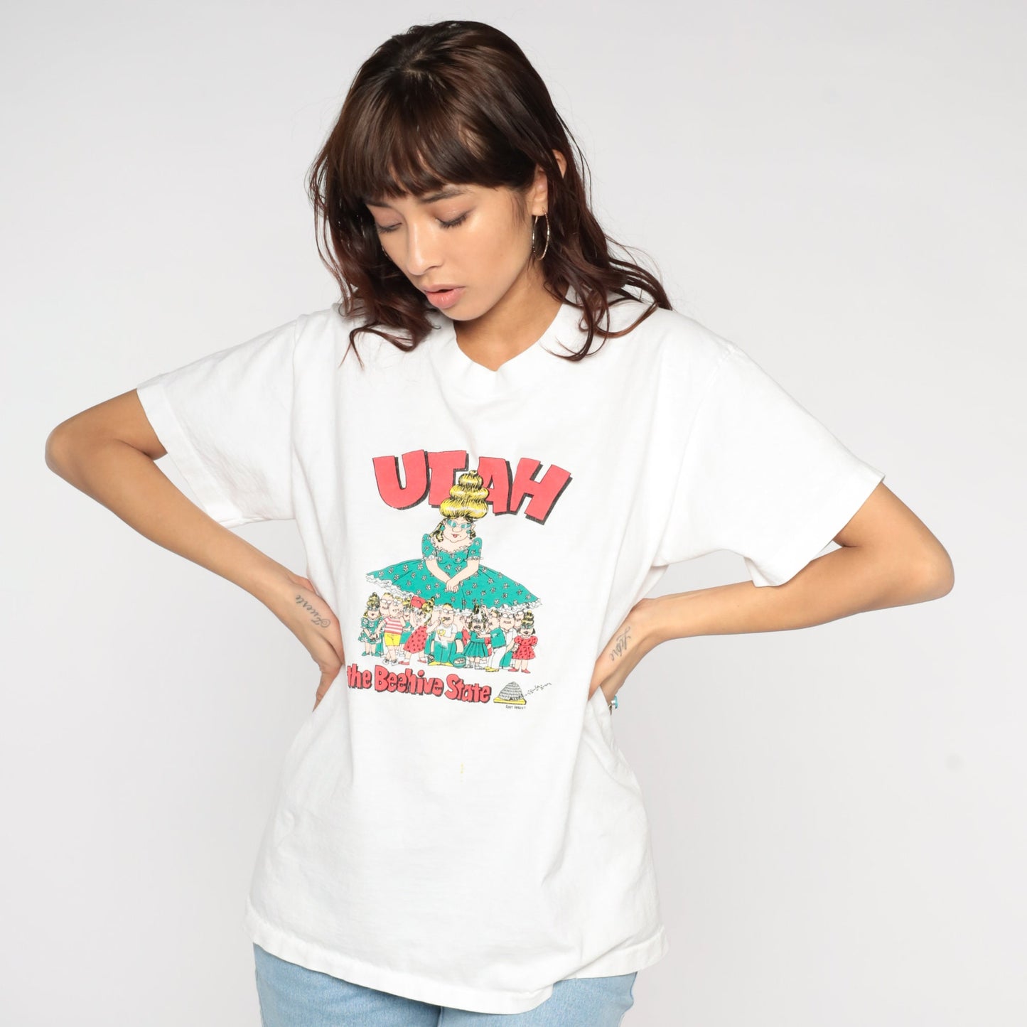 90s Utah Beehive State Graphic T-Shirt Single Stitch Cartoon Print Medium