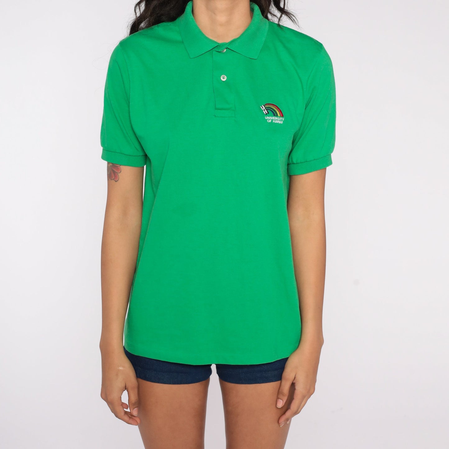 80s University of Hawaii Polo Shirt Green Rainbow Logo Half Button Medium