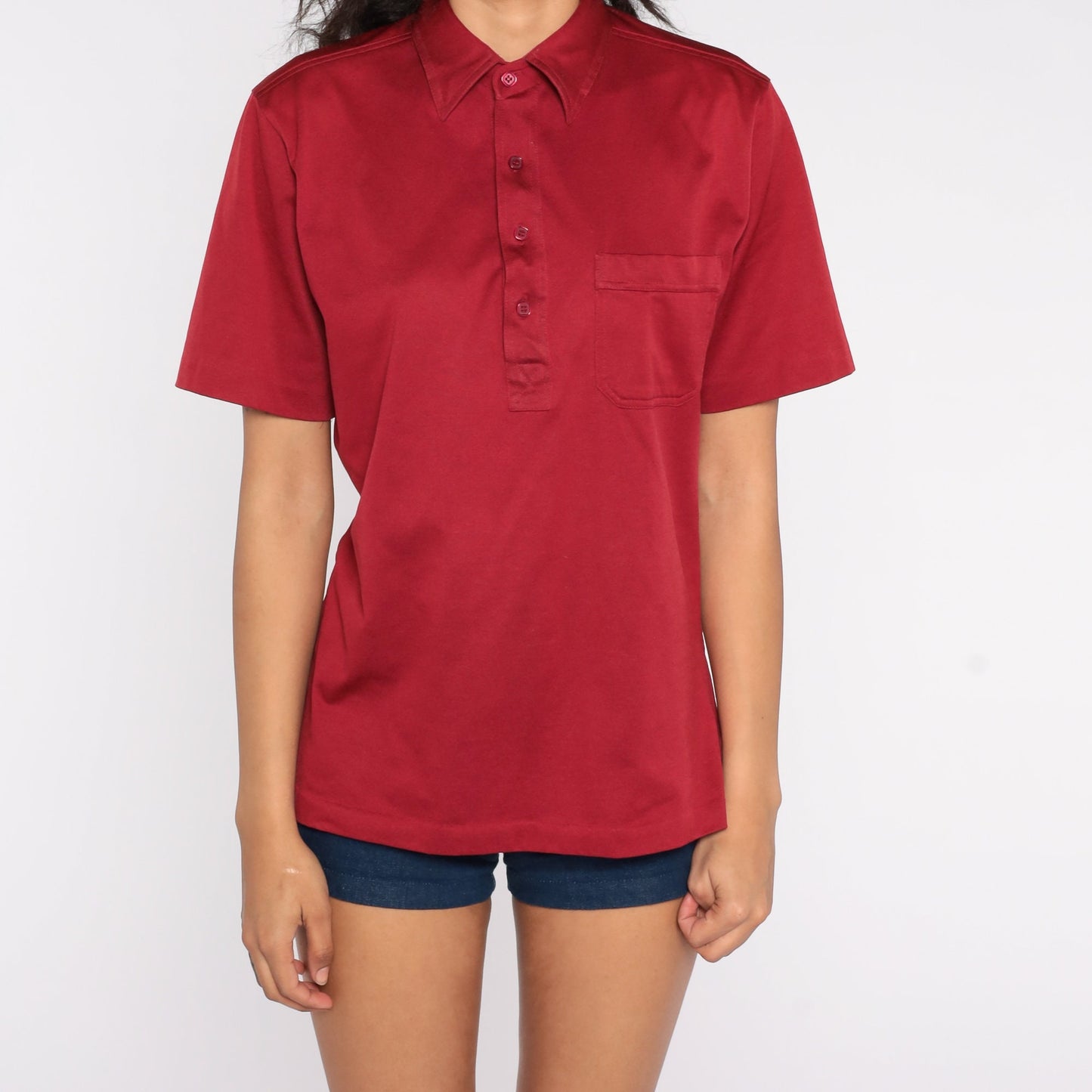 70s Burgundy Polo Shirt Button Up Collared Short Sleeve Medium