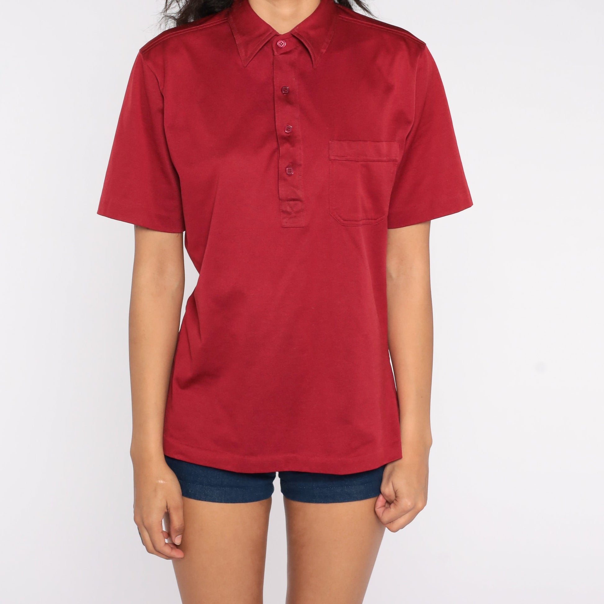 70s Burgundy Polo Shirt Button Up Collared Short Sleeve Medium