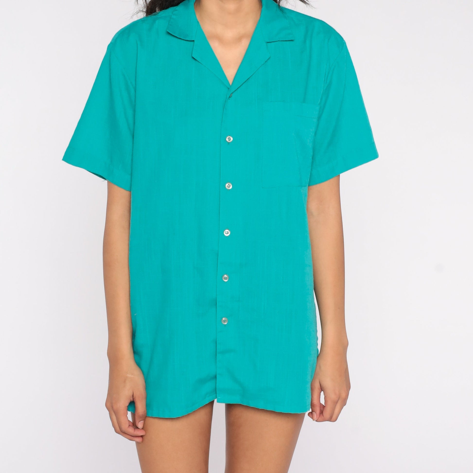 80s Turquoise Button-Up Shirt Short Sleeve Plain Top Medium Large