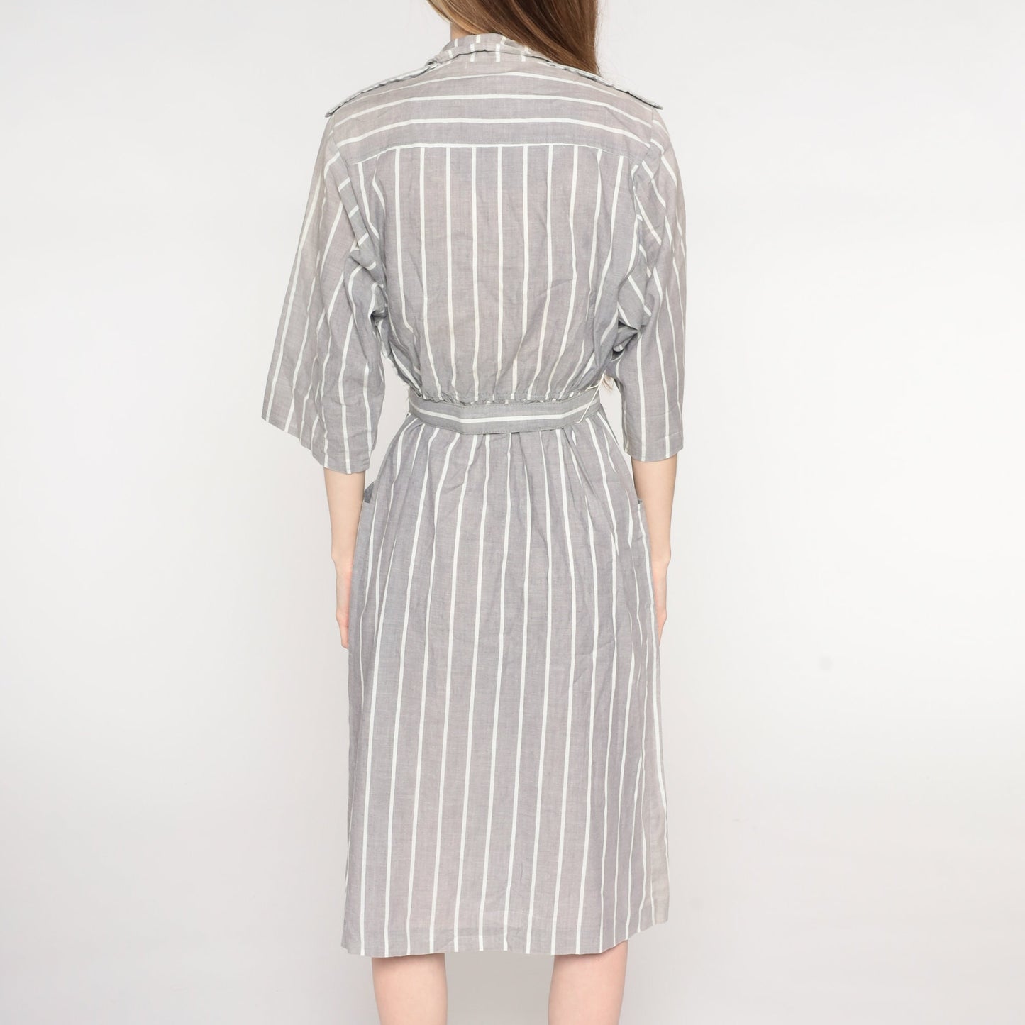 80s Grey & White Striped Midi Wrap Dress V-Neck 3/4 Sleeve Medium